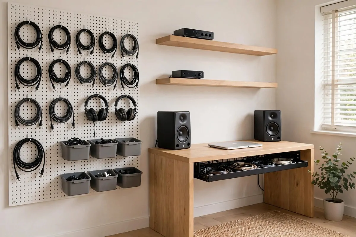Tidy home music studio with pegboard cable organisation, neat Music Studio Inspiration