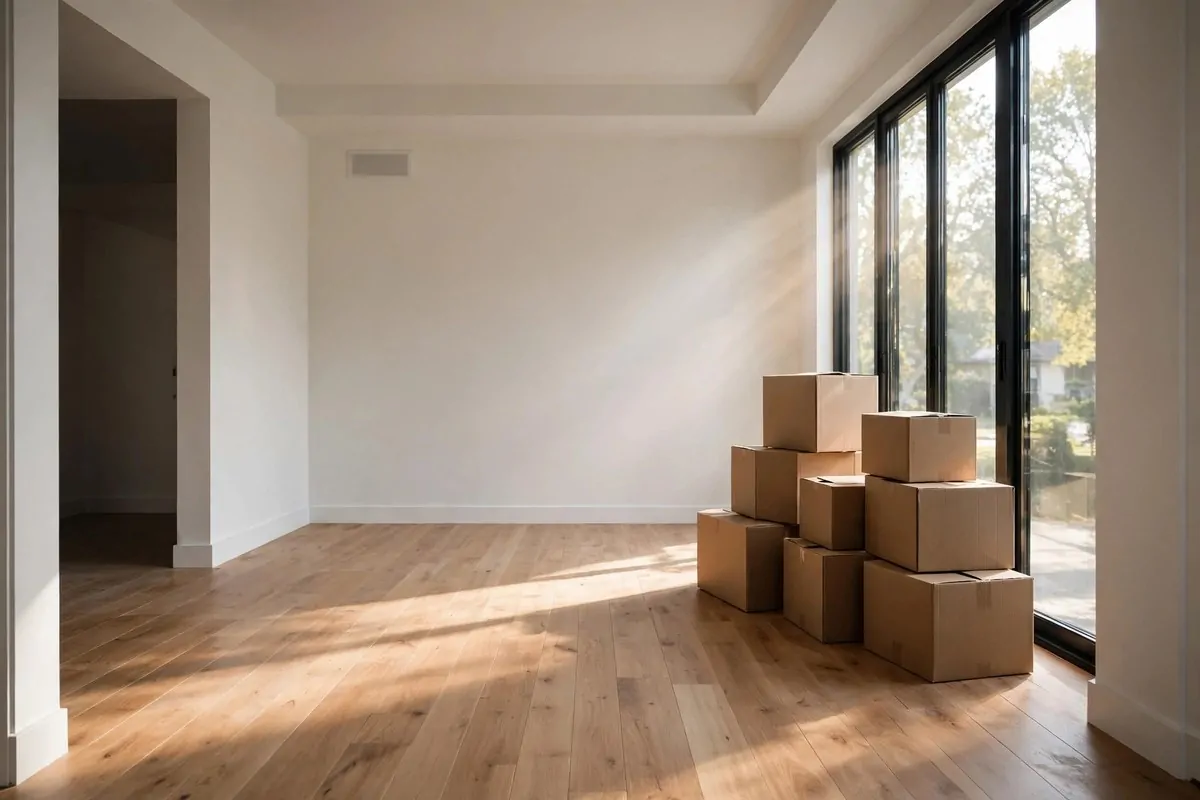 21 New Home Ideas to Try Before You Even Unpack 1 bright empty living room with stacked moving boxes near the window