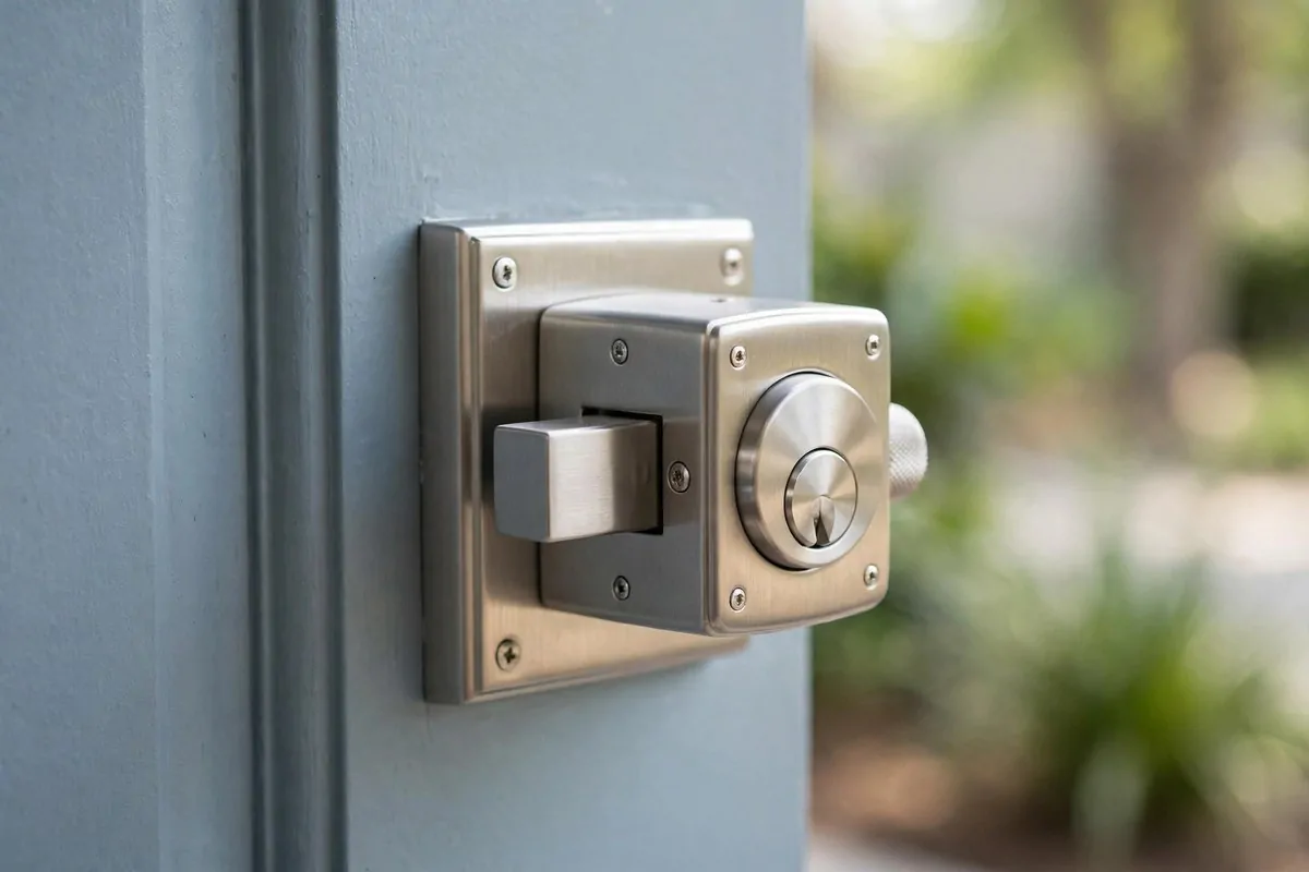 21 New Home Ideas to Try Before You Even Unpack 2 close-up of a new modern deadbolt lock installed on a front door