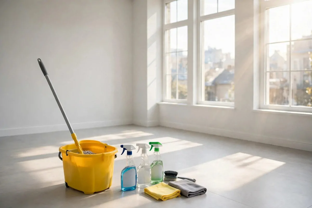 21 New Home Ideas to Try Before You Even Unpack 3 bright empty room with a bucket, mop and cleaning supplies ready to use