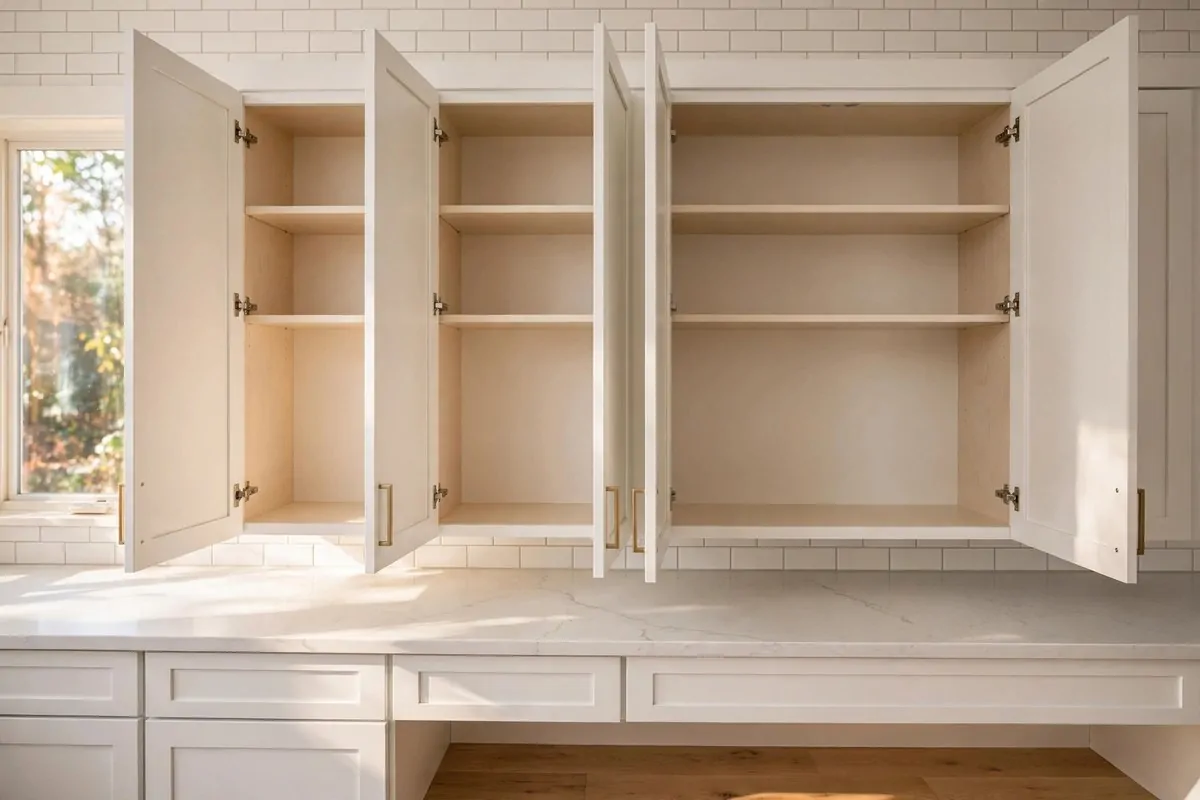 21 New Home Ideas to Try Before You Even Unpack 4 open empty kitchen cabinets with clean bright shelves in a new home