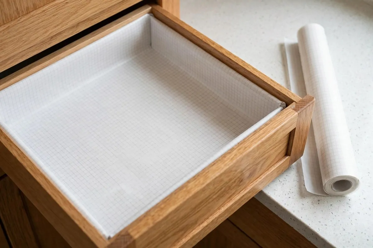 21 New Home Ideas to Try Before You Even Unpack 5 kitchen drawer with fresh patterned shelf liner being smoothed into place