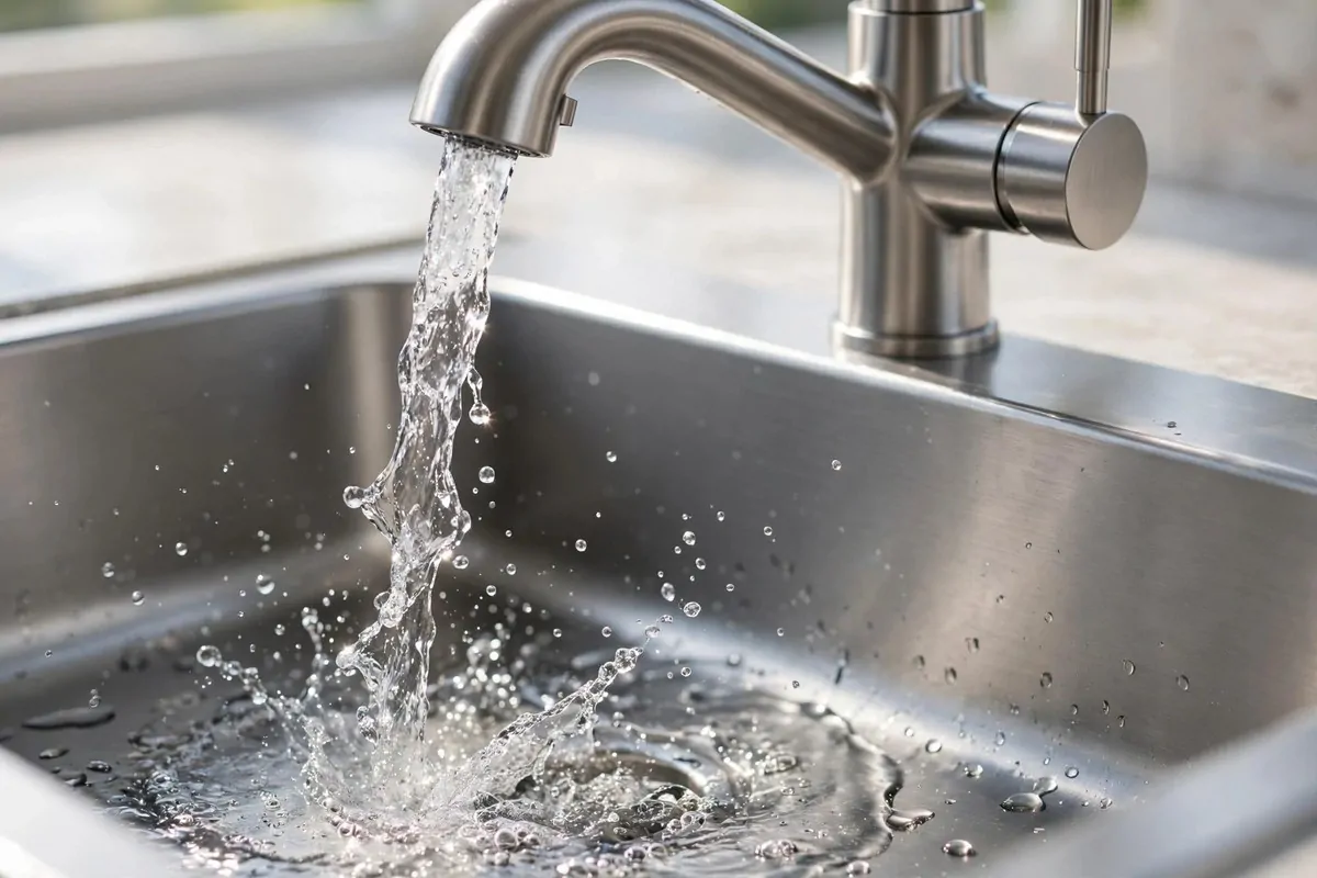 21 New Home Ideas to Try Before You Even Unpack 8 close-up of a kitchen faucet with clear water running into a clean sink
