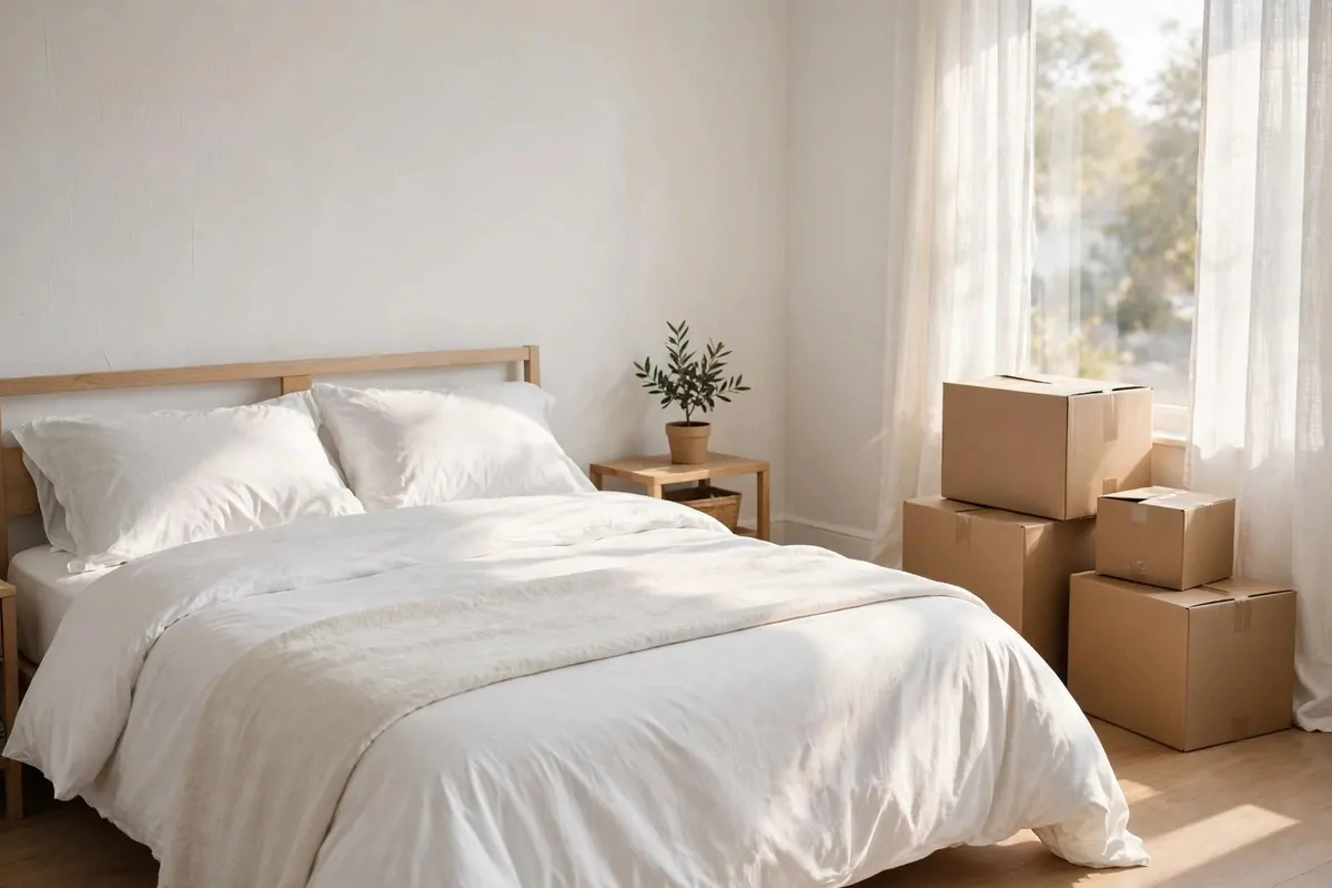 21 New Home Ideas to Try Before You Even Unpack 10 neatly made bed with fresh white linens in a bedroom with moving boxes in the corner