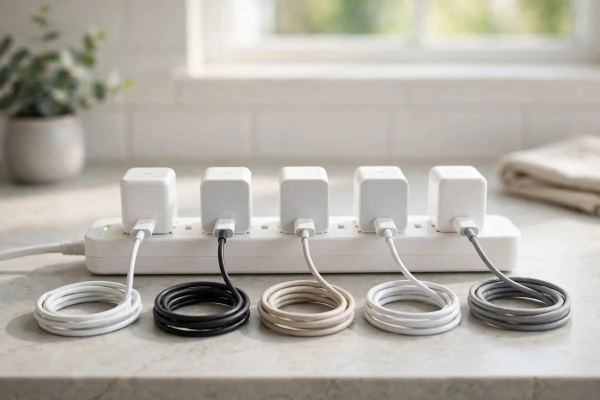 21 New Home Ideas to Try Before You Even Unpack 13 power strip on a kitchen counter with phone chargers plugged in and ready