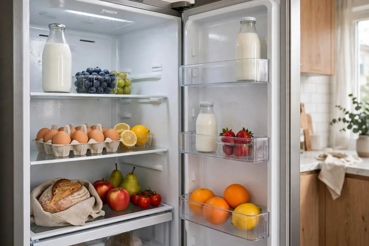21 New Home Ideas to Try Before You Even Unpack 14 open refrigerator stocked with basic groceries like milk, eggs and fruit in a new kitchen