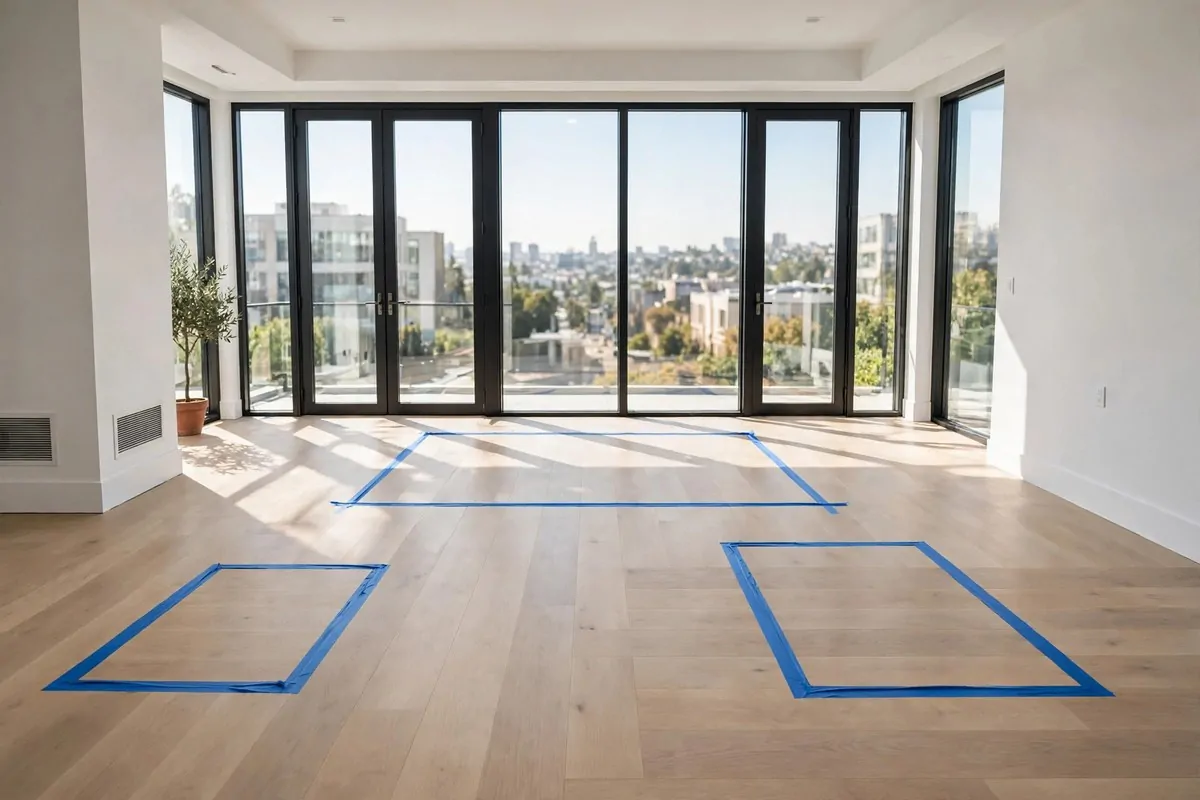 21 New Home Ideas to Try Before You Even Unpack 15 empty living room with blue painter tape marking furniture outlines on the floor