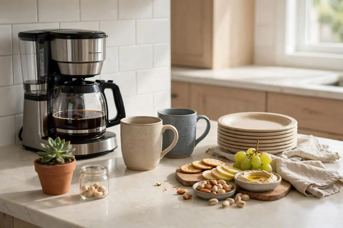 21 New Home Ideas to Try Before You Even Unpack 16 kitchen counter with a coffee maker, mugs and paper plates set up in a new home