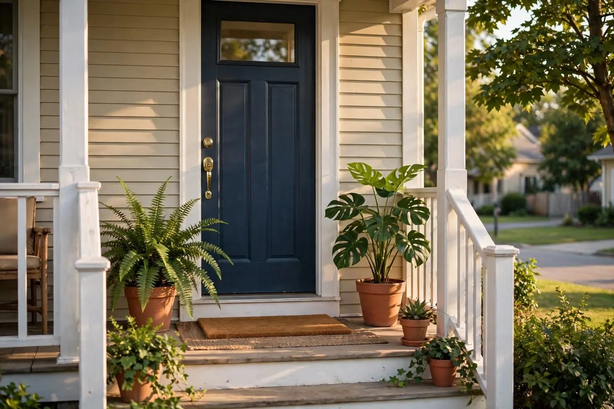 21 New Home Ideas to Try Before You Even Unpack 18 welcoming front porch with a doormat and potted plants by the door