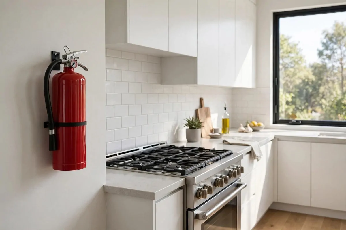 21 New Home Ideas to Try Before You Even Unpack 19 red fire extinguisher mounted on a clean kitchen wall near the stove