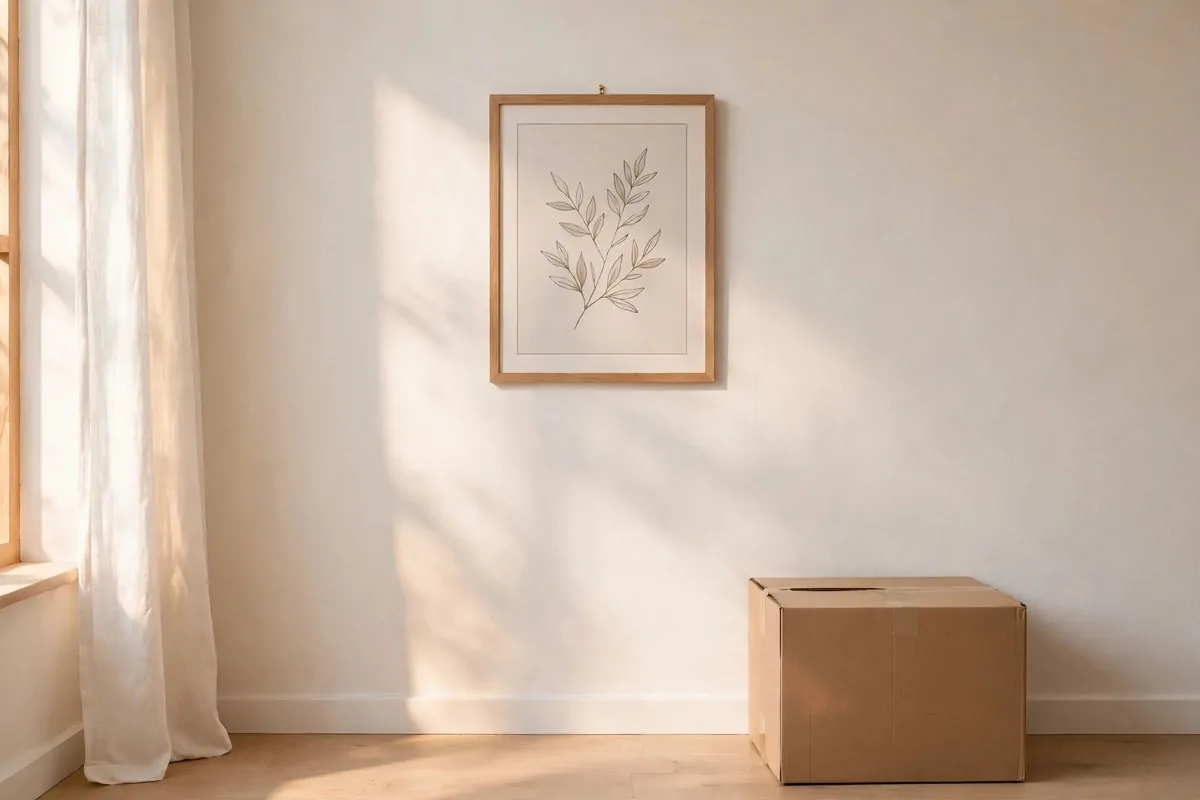 21 New Home Ideas to Try Before You Even Unpack 20 single framed art print hung on a wall in an otherwise empty bright room