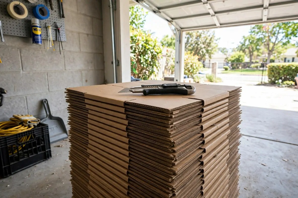 21 New Home Ideas to Try Before You Even Unpack 21 neatly stacked flattened cardboard boxes in a garage ready for recycling