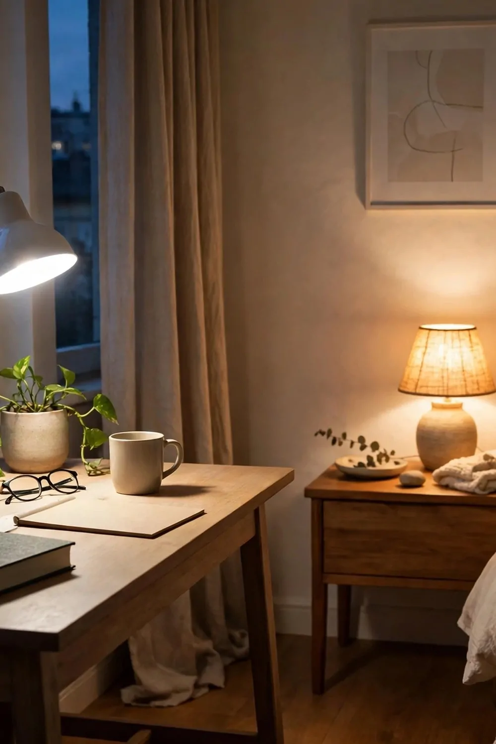 Two lamps in a bedroom, one bright lamp on a desk and one warm low lamp on a bedside table, evening light