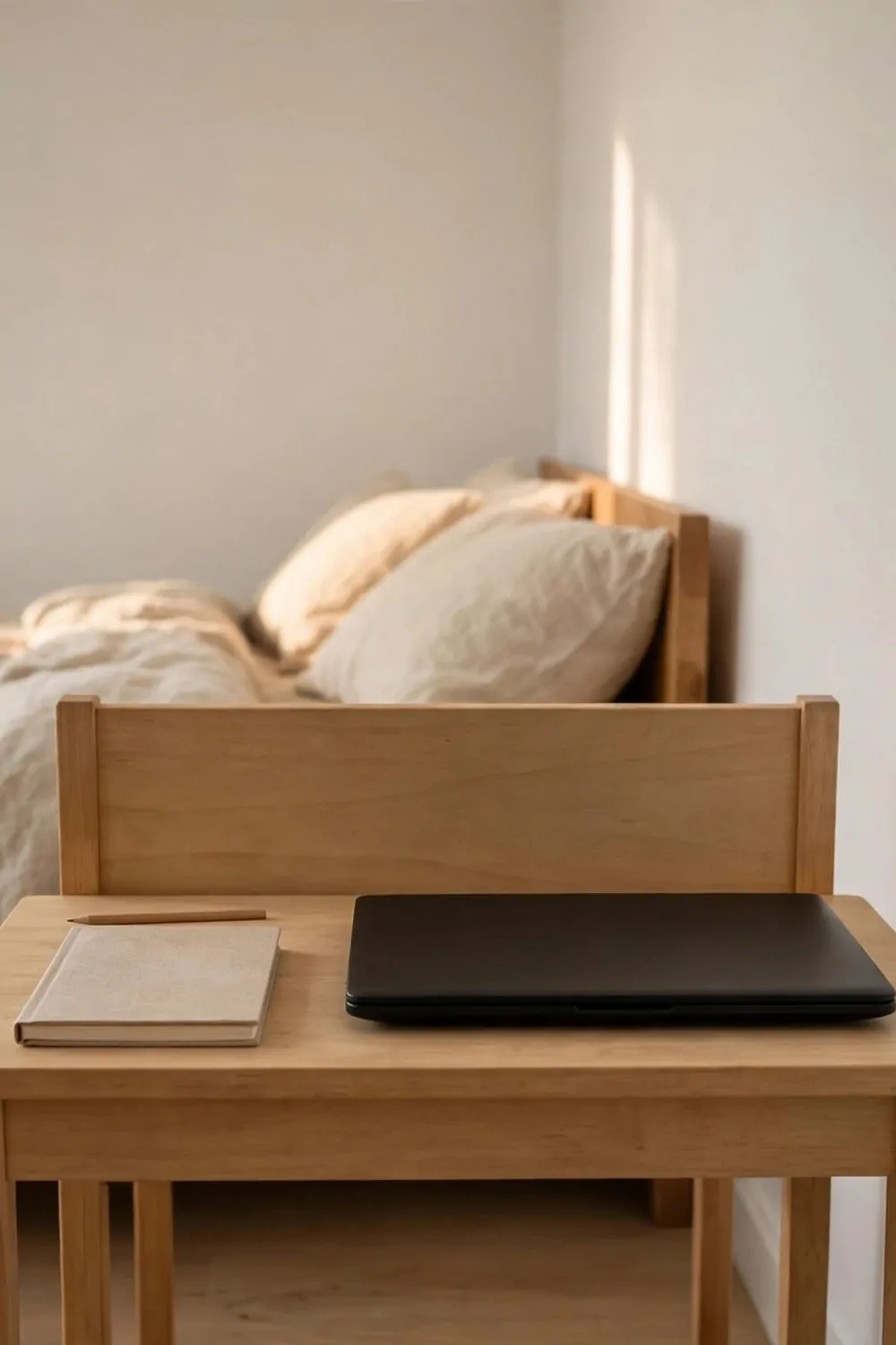 A small desk facing a plain wall with its back to a bed in a bedroom, laptop and notebook on the desk, morning light