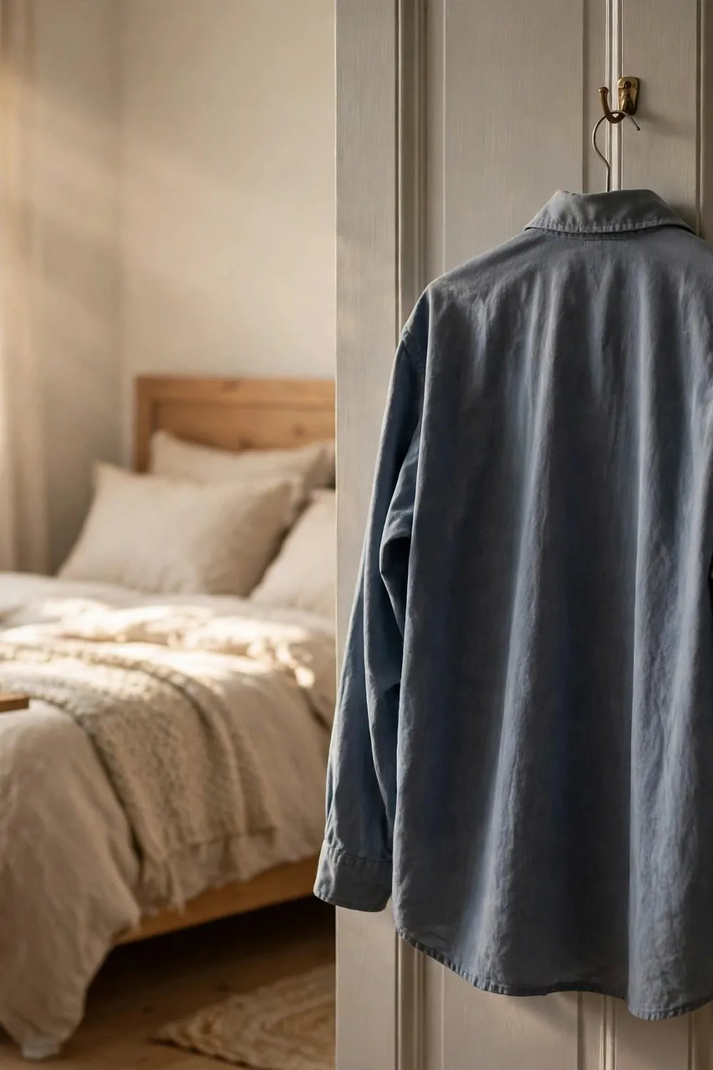 A plain work shirt hanging on a hook on a bedroom door, desk and bed in the background, morning light