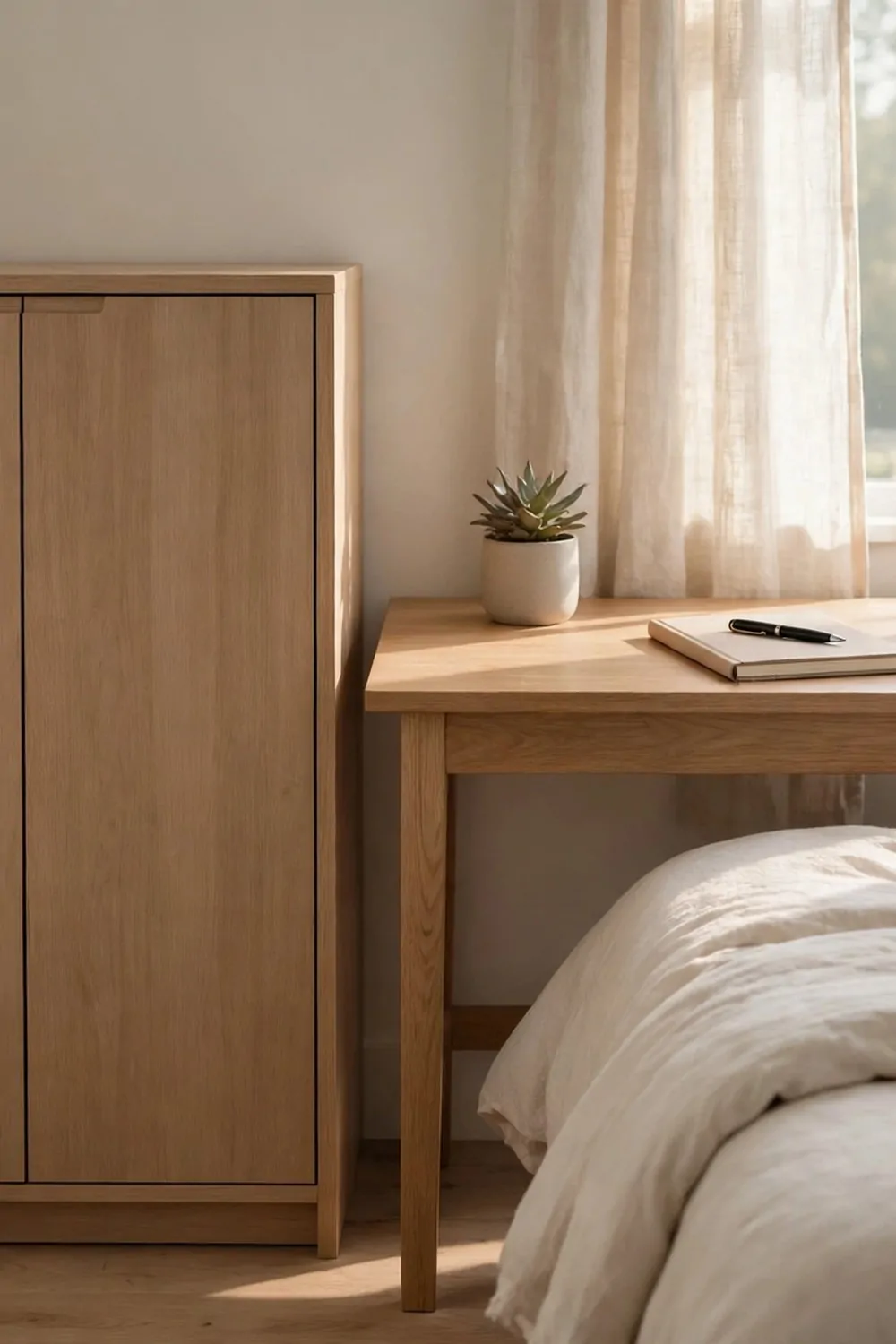 A small cupboard with closed flat doors beside a desk in a bedroom, tidy, morning light