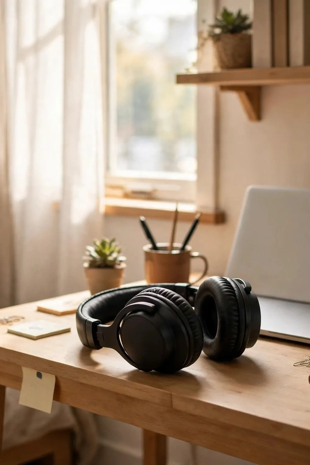 A pair of big headphones resting on a small desk in a bedroom office, laptop beside them, tidy, morning light