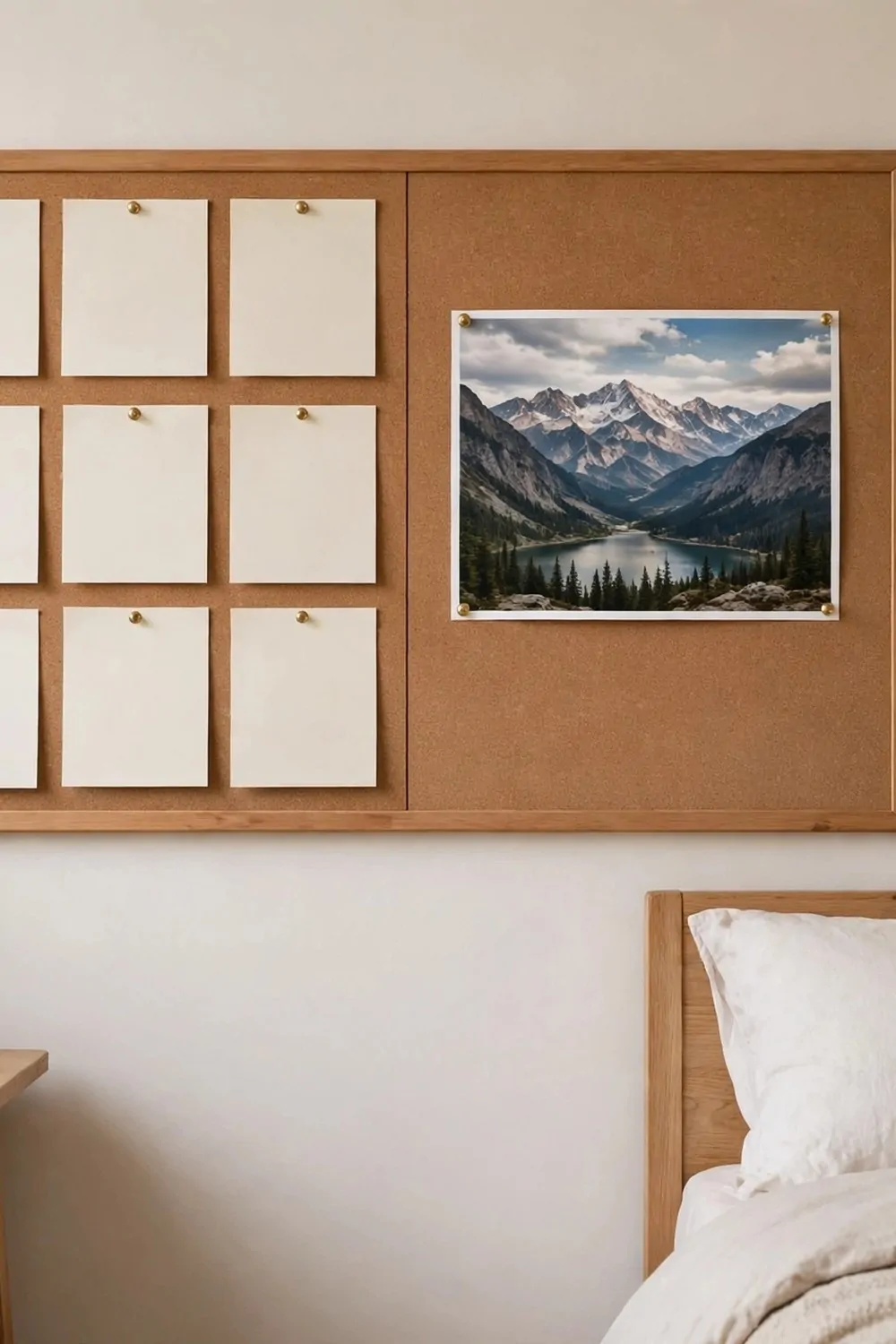 A pinboard on a bedroom wall between a desk area and a bed area, notes pinned on one half and one photo on the other half, tidy