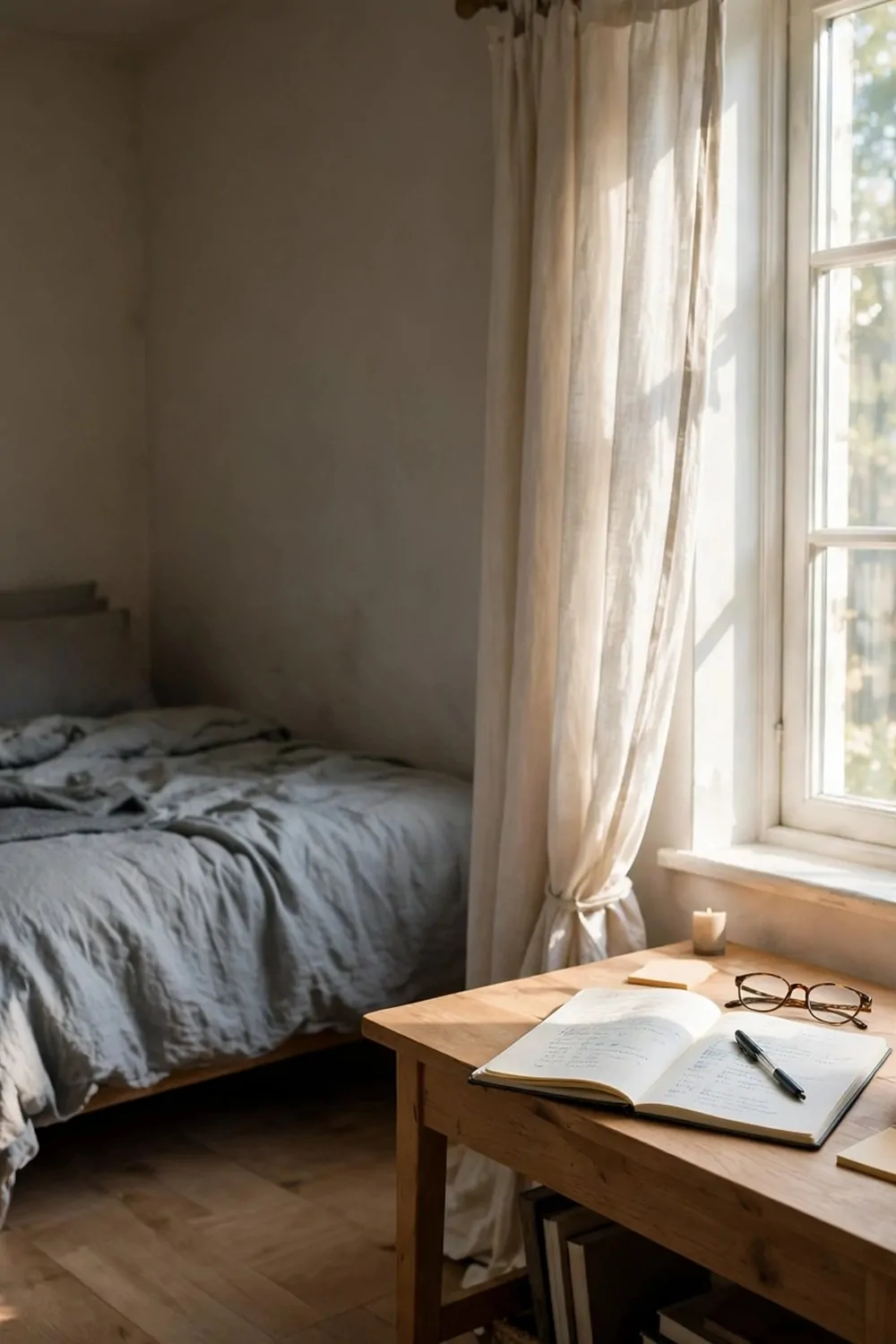 A small desk by a bright bedroom window in the morning, bed in a shady far corner, soft daylight