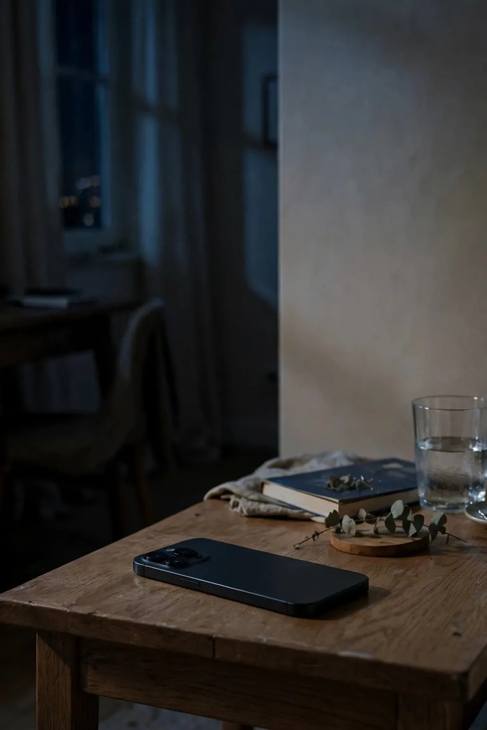 A smartphone lying face down on a bedside table in a bedroom at night, desk in shadow across the room, calm