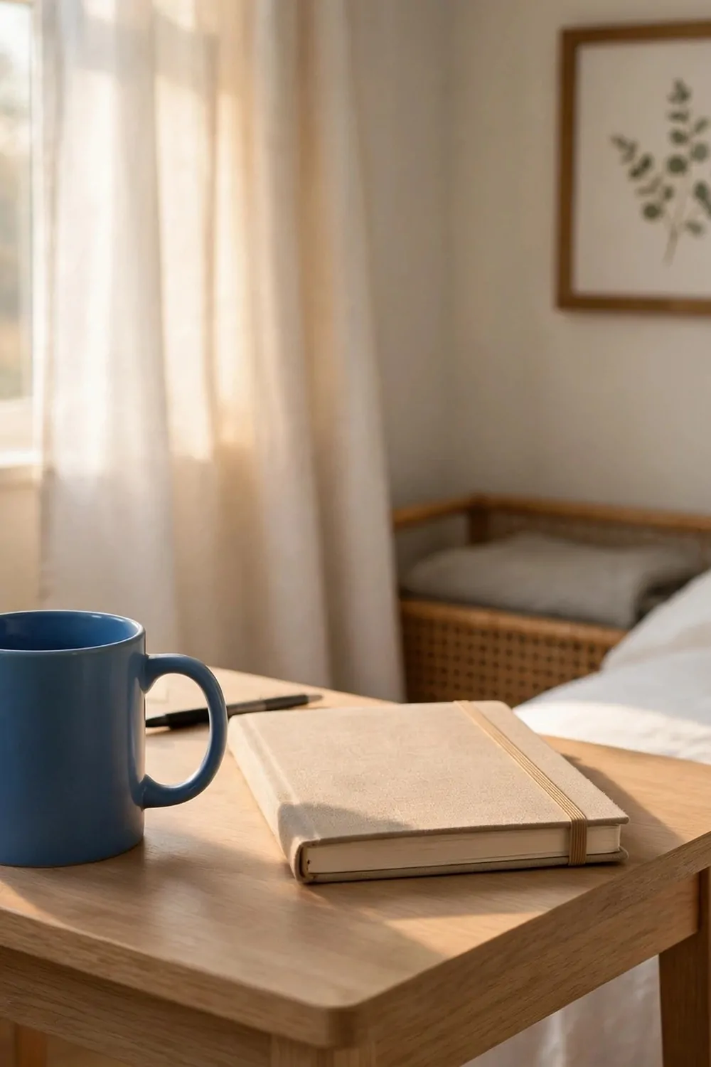 A plain blue mug sitting on a small desk in a bedroom office, notebook beside it, morning light, tidy