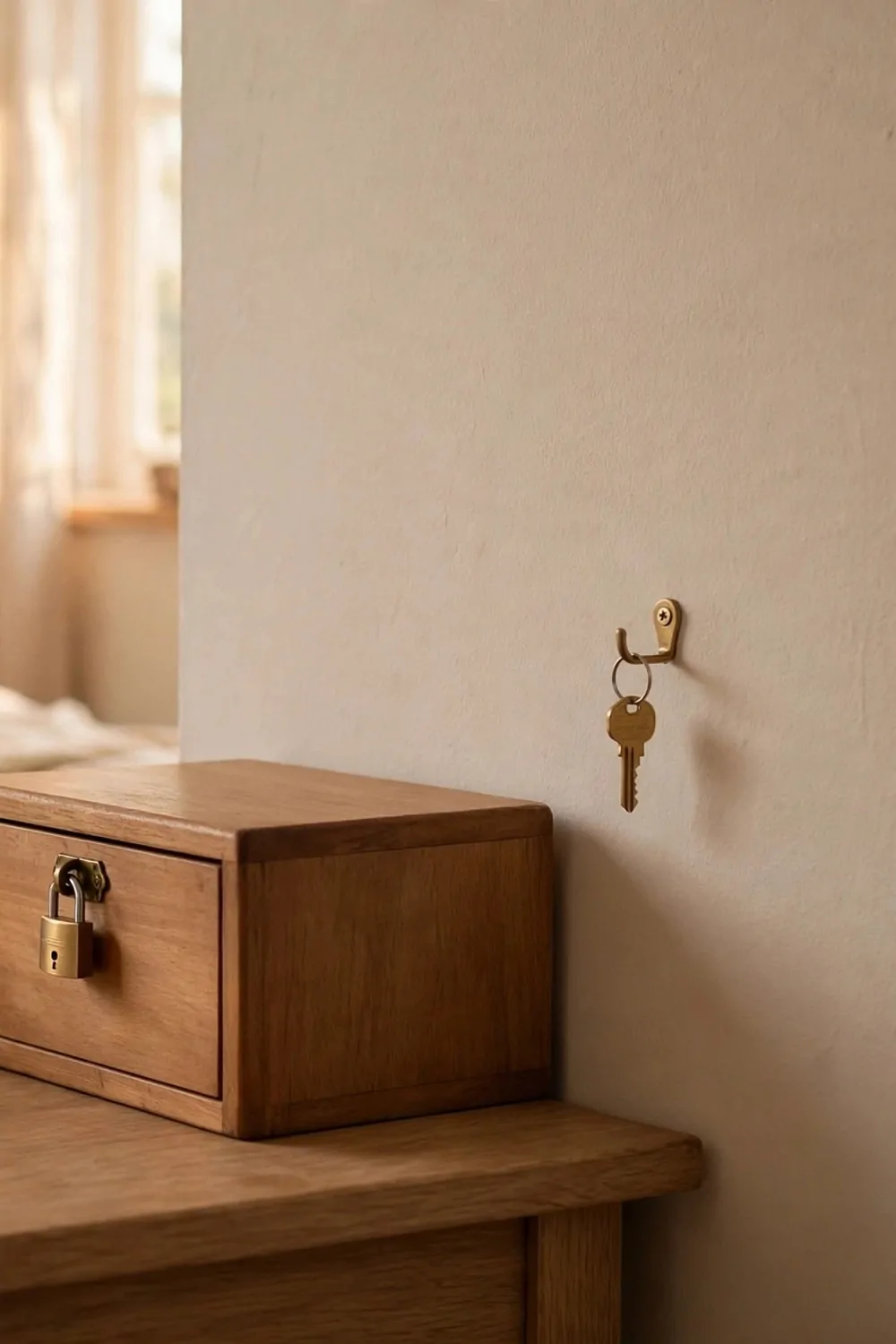 A small drawer with a tiny lock on a desk in a bedroom, key hanging on a hook beside it, tidy, warm light