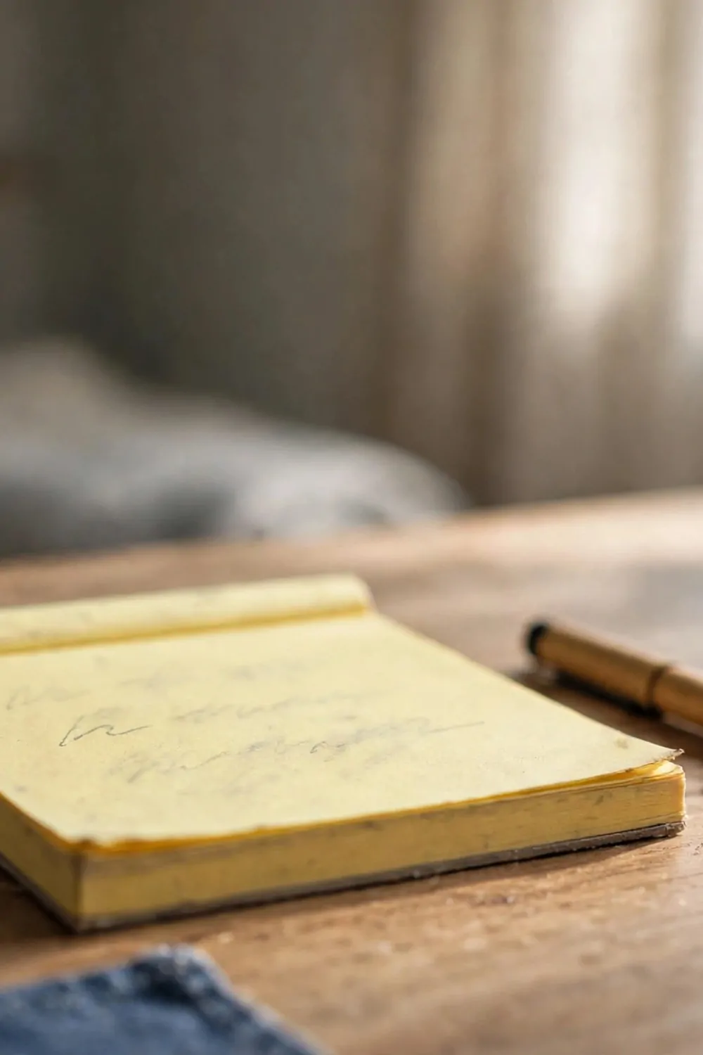 A small notepad with three handwritten lines on a desk in a bedroom office, pen beside it, morning light