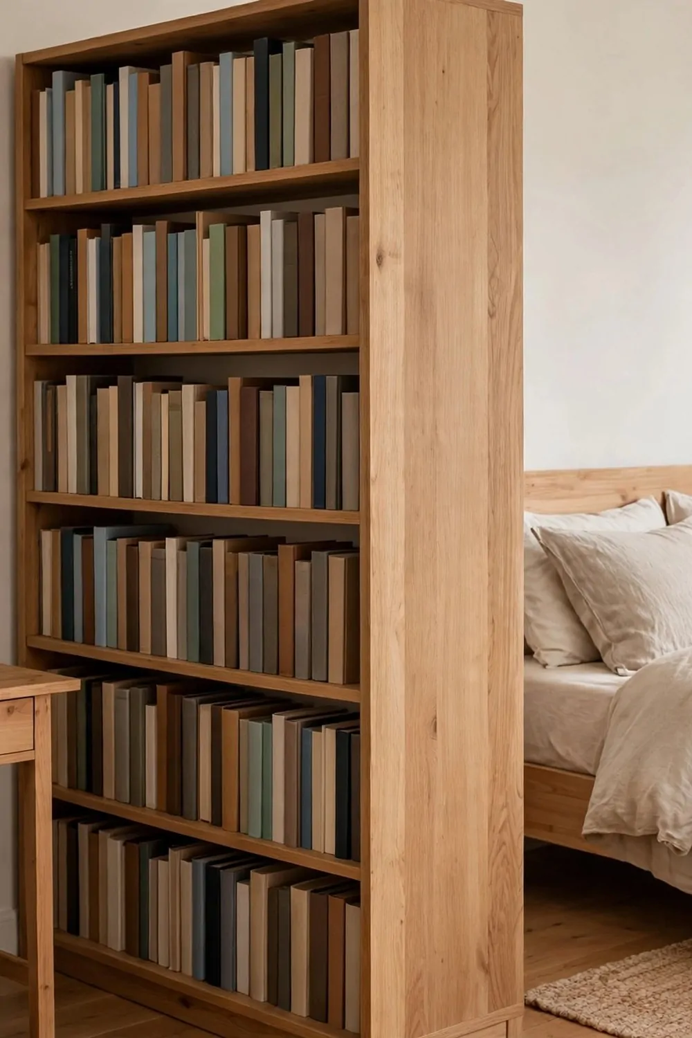 A tall bookshelf standing sideways between a desk and a bed in a bedroom, books facing the desk side, plain wood back facing the bed