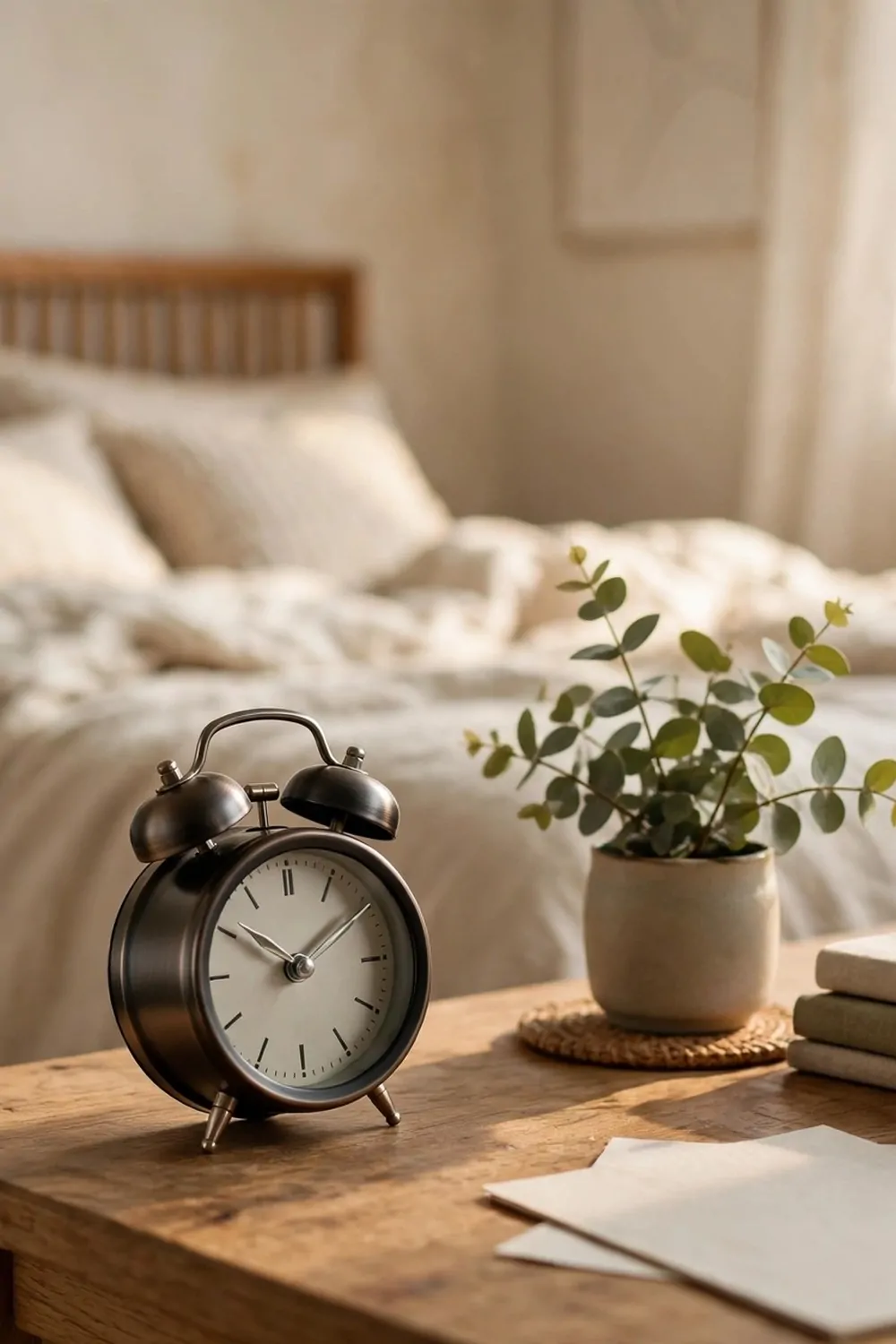 A small alarm clock on a desk in a bedroom office, bed in the background, morning light