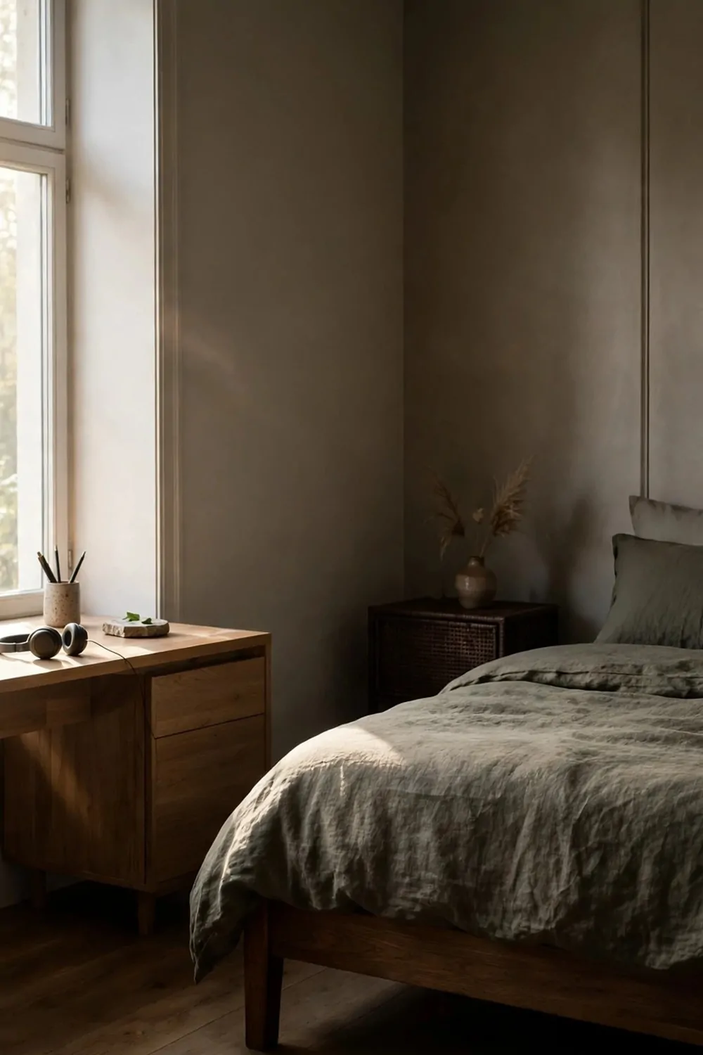 A bedroom with a desk on the bright window side and a bed on the dark shady side, morning light