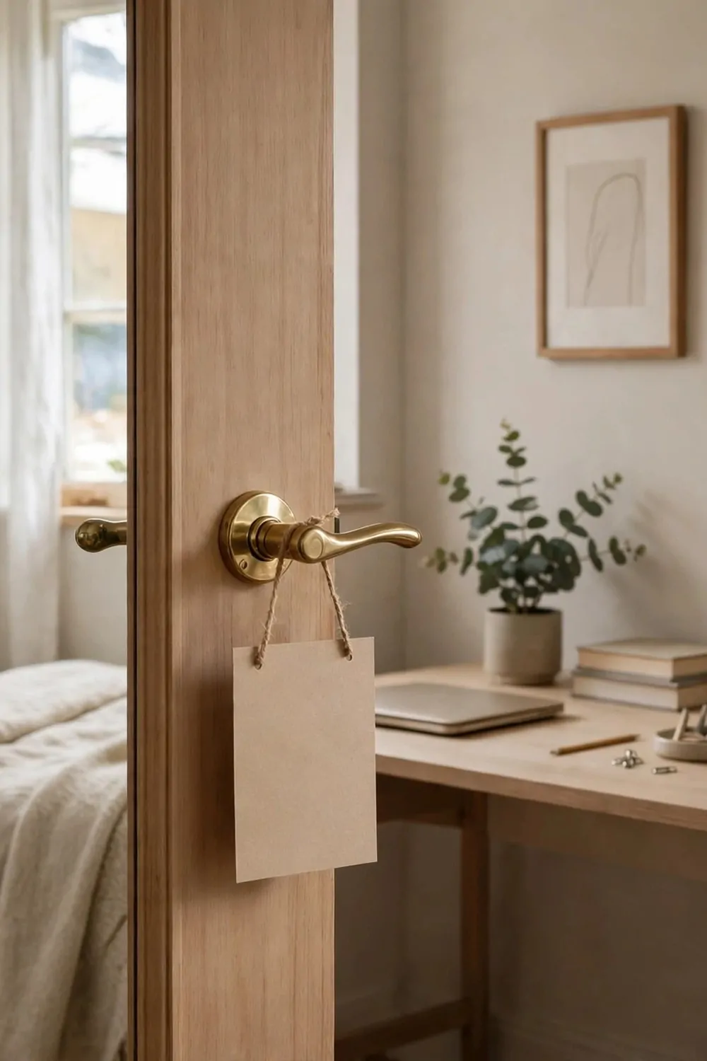 A small plain card sign hanging on a bedroom door handle, desk inside the room, tidy