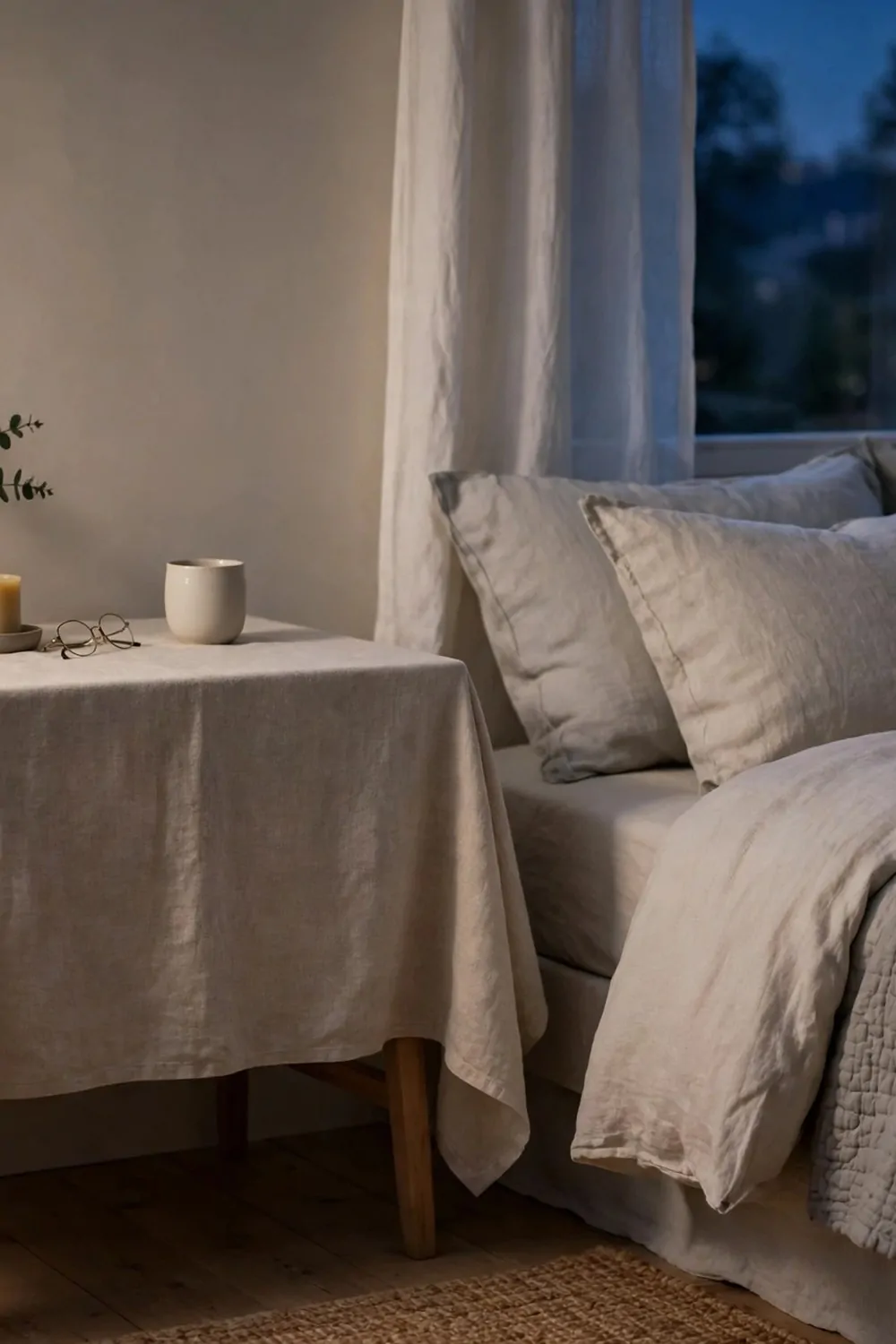 A small desk covered with a plain cloth in a bedroom at night, bed beside it, calm evening light