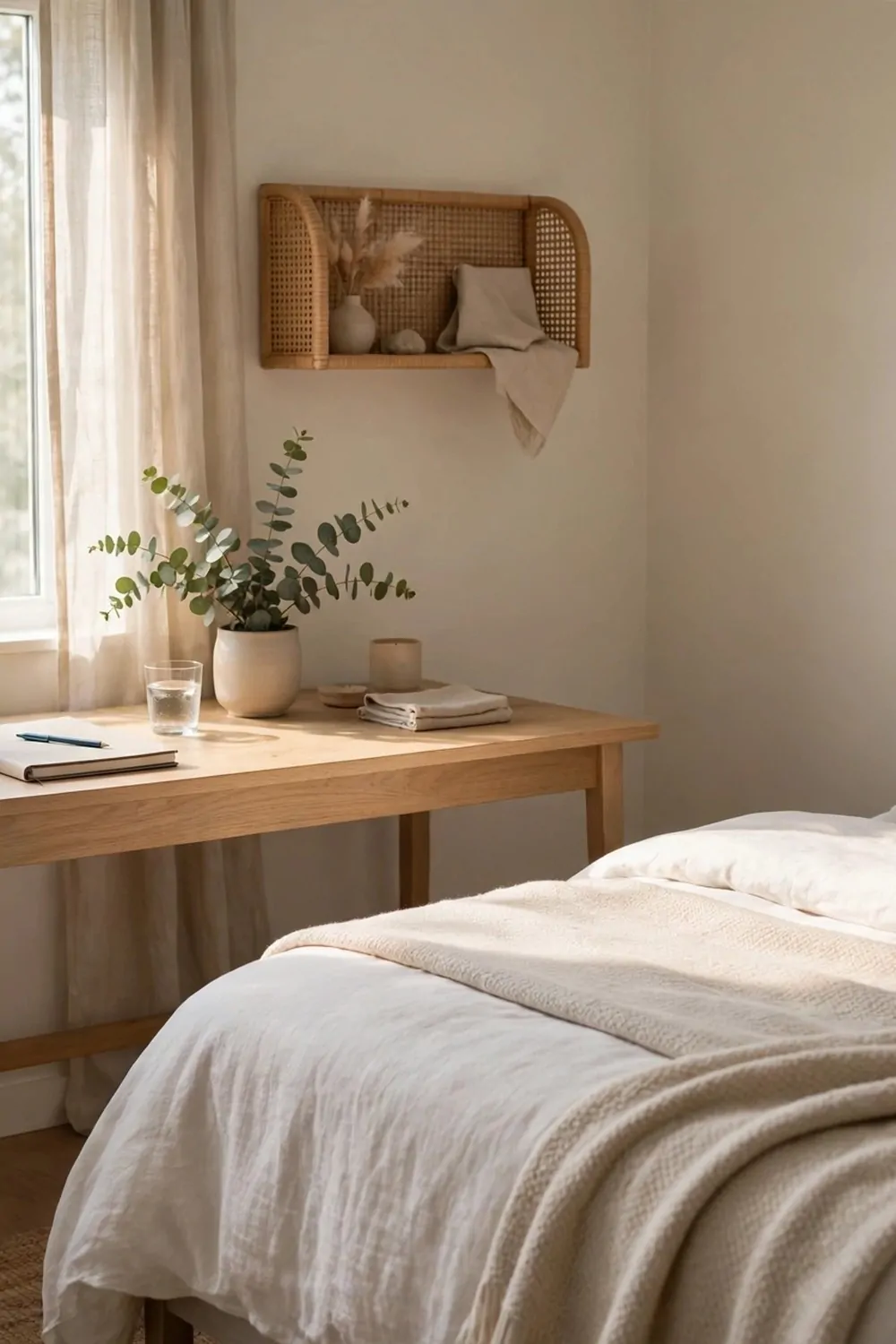 A tidy desk and bed in a bedroom on a Sunday morning, notebook and pen on the desk, calm light