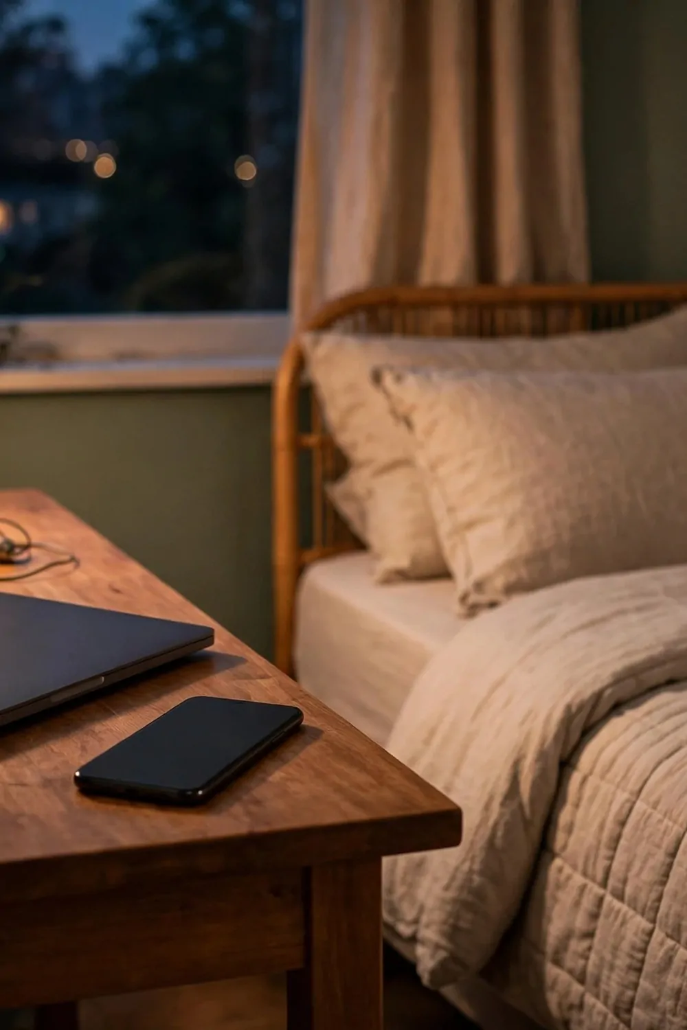 A closed laptop and a face-down phone on a desk in a bedroom in the evening, warm light, bed made up beside it