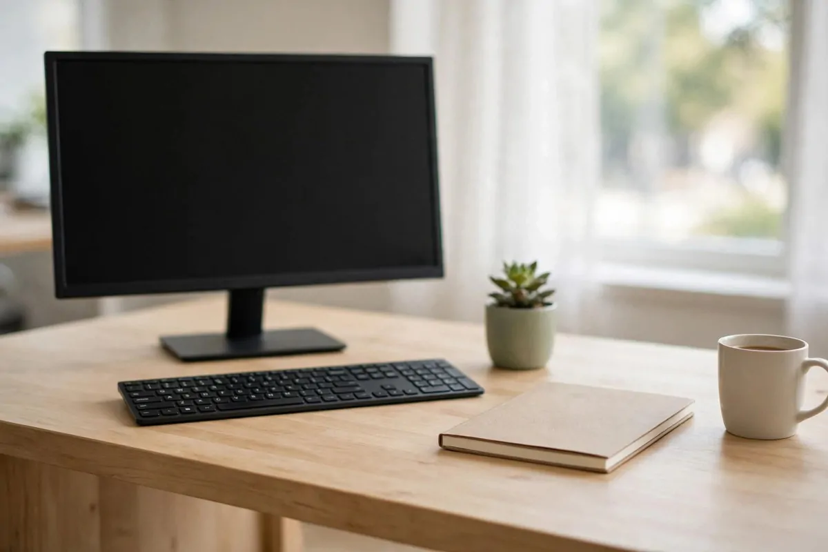 A bright tidy wooden office desk with a black monitor, black keyboard, small potted succulent, closed notebook and white mug, with soft daylight from a window.