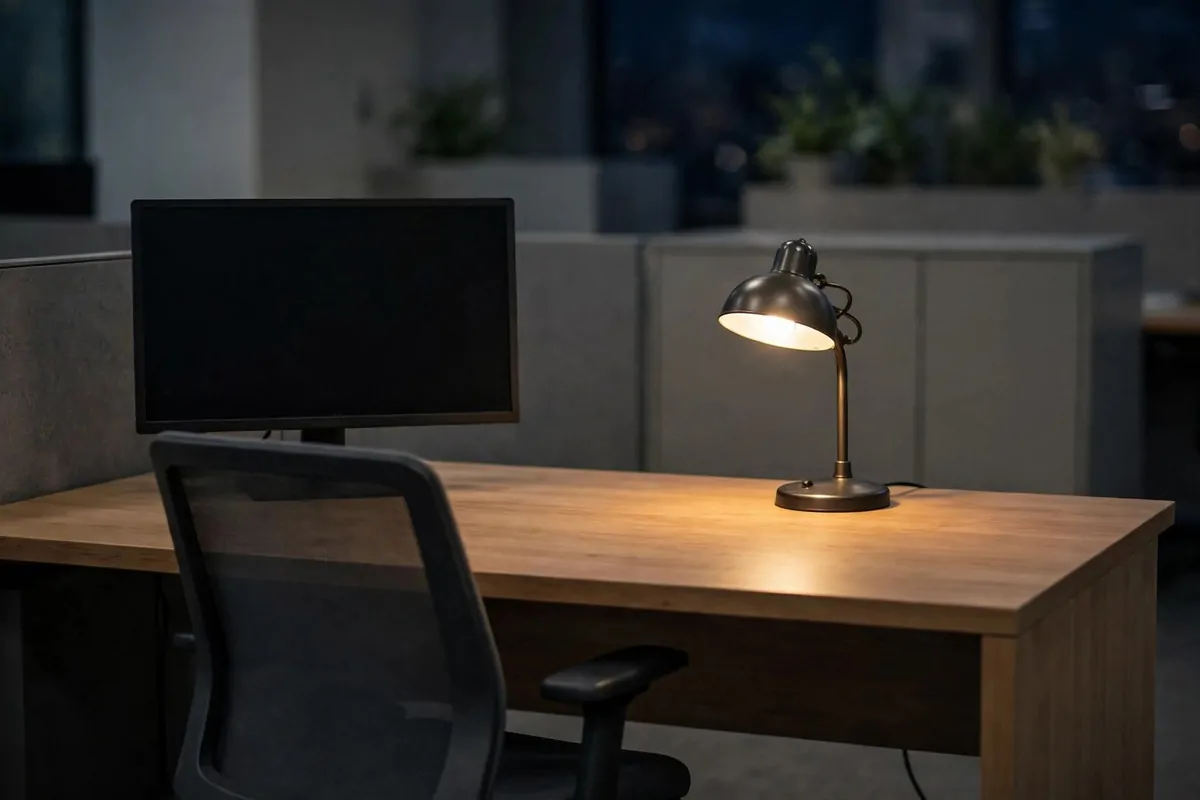 21 Office Set up at Work Hacks for a Cleaner, Smarter Desk 1 A completely clear wooden office desk at night with a monitor switched off, an empty mesh office chair pushed in, and only a small glowing desk lamp.