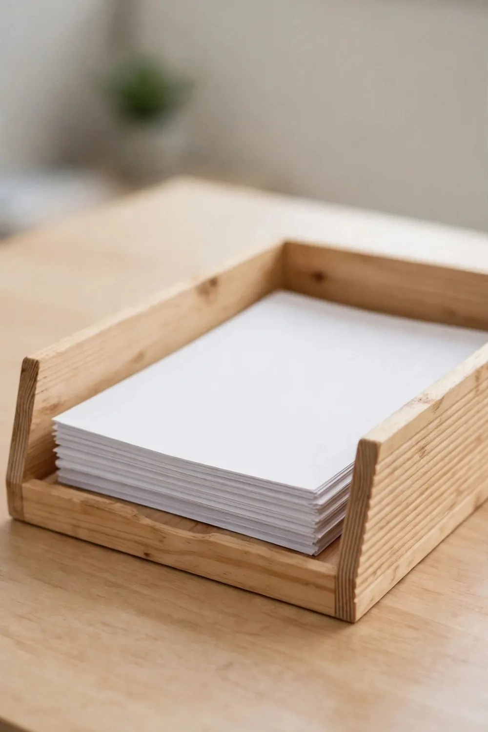 21 Office Set up at Work Hacks for a Cleaner, Smarter Desk 2 A single light wooden inbox tray on a clear office desk holding a neat stack of blank white papers, with nothing else on the desk surface.