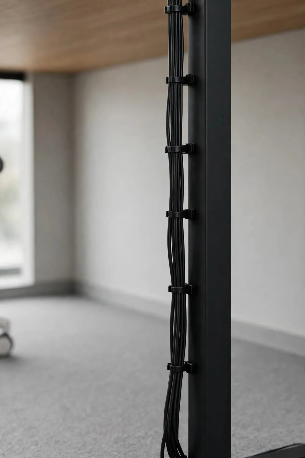 21 Office Set up at Work Hacks for a Cleaner, Smarter Desk 3 Black cables clipped neatly in one vertical line down the black leg of a wooden office desk, with no loose wires.