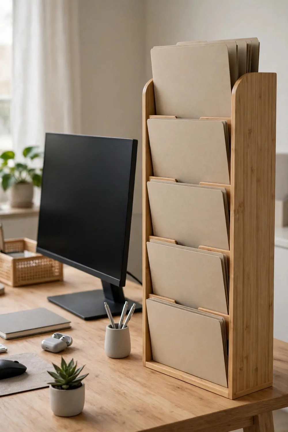 21 Office Set up at Work Hacks for a Cleaner, Smarter Desk 4 A tall wooden vertical file sorter with blank beige folders in five slots beside a black monitor on a wooden office desk, with a small succulent, pen cup, notebook and mouse nearby.