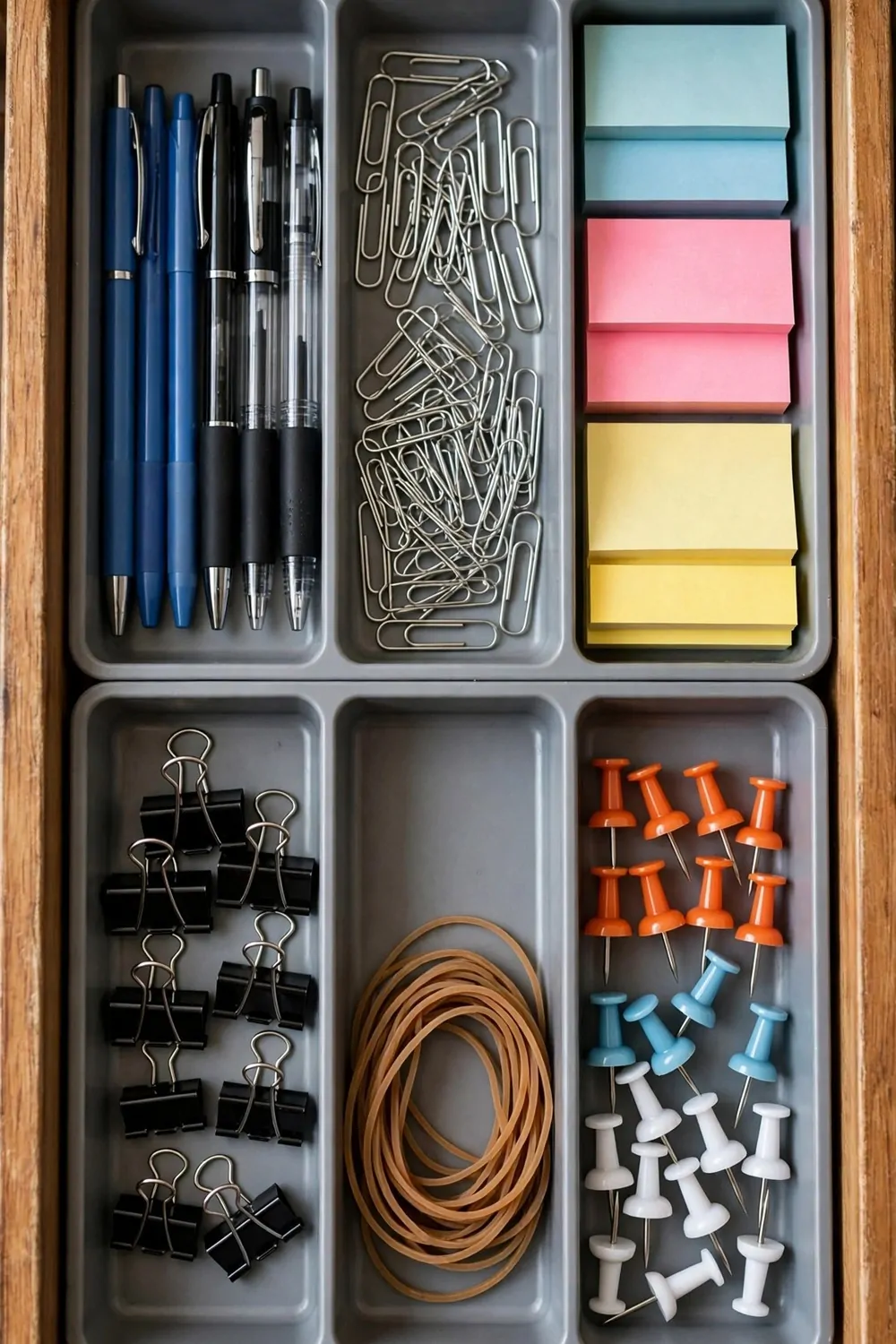 21 Office Set up at Work Hacks for a Cleaner, Smarter Desk 5 An open wooden desk drawer with a grey divider tray holding blue and black pens, paper clips, blue, pink and yellow sticky notes, black binder clips, rubber bands and orange, blue and white push pins in tidy compartments.