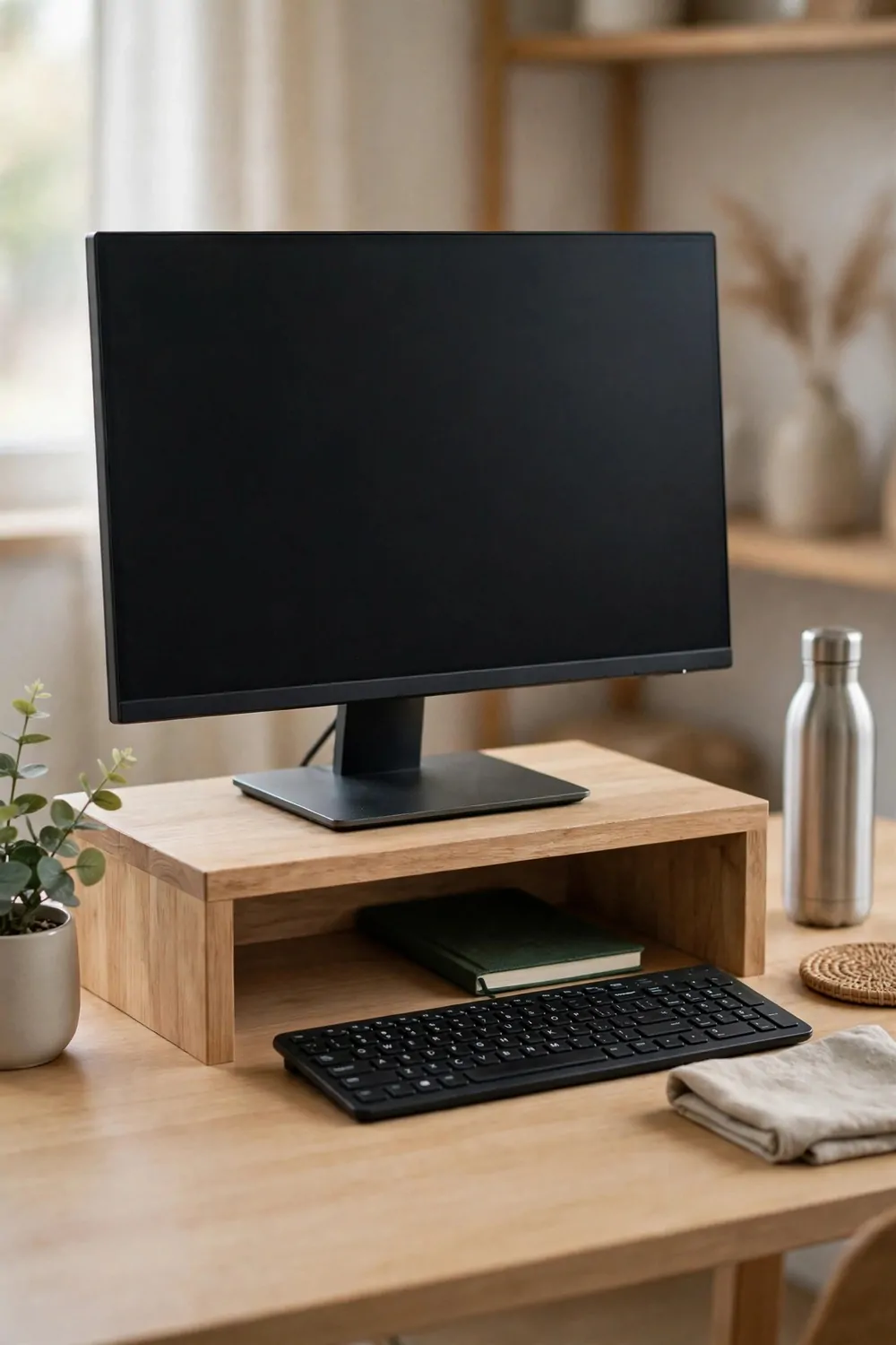 21 Office Set up at Work Hacks for a Cleaner, Smarter Desk 6 A black monitor on a light wooden riser stand on an office desk, with a closed green notebook stored underneath the riser and a black keyboard in front of it, plus a small plant and metal water bottle nearby.