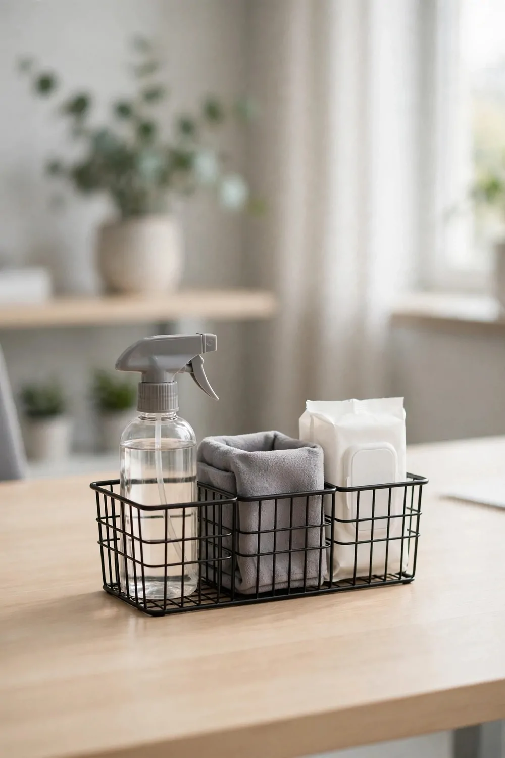 21 Office Set up at Work Hacks for a Cleaner, Smarter Desk 8 A black wire caddy on a light wooden desk holding a clear spray bottle, a folded grey cloth, and a pack of white wipes, with a blurred plant and window in the background.