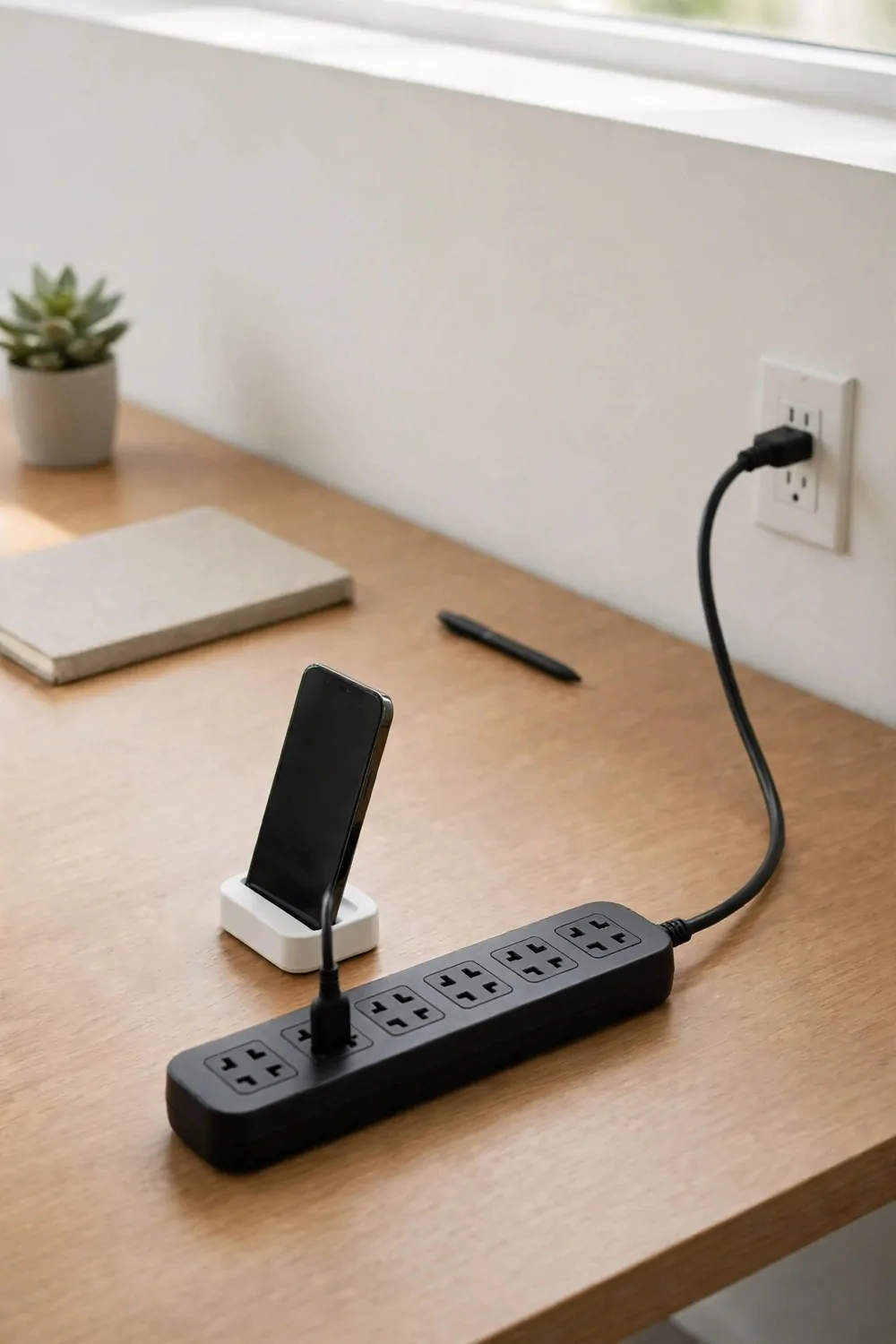 21 Office Set up at Work Hacks for a Cleaner, Smarter Desk 9 A black power strip on a wooden office desk with a phone standing in a small white charging dock, a single black cable running to a wall outlet, with a notebook, pen, and small plant in the background.
