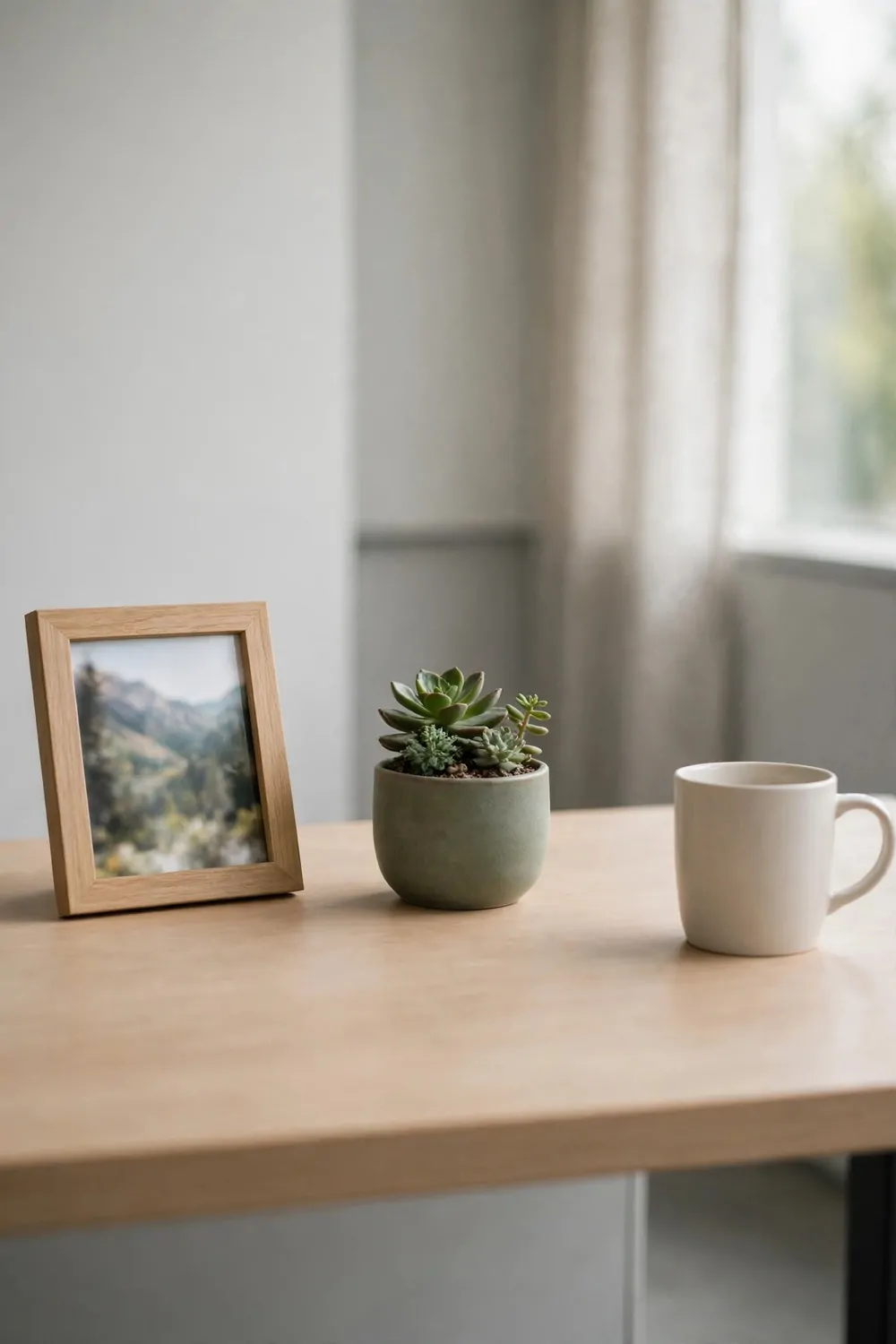 21 Office Set up at Work Hacks for a Cleaner, Smarter Desk 10 A clear wooden office desk with a wooden framed landscape photo, a small potted succulent, and a plain white mug, with nothing else on the desk.