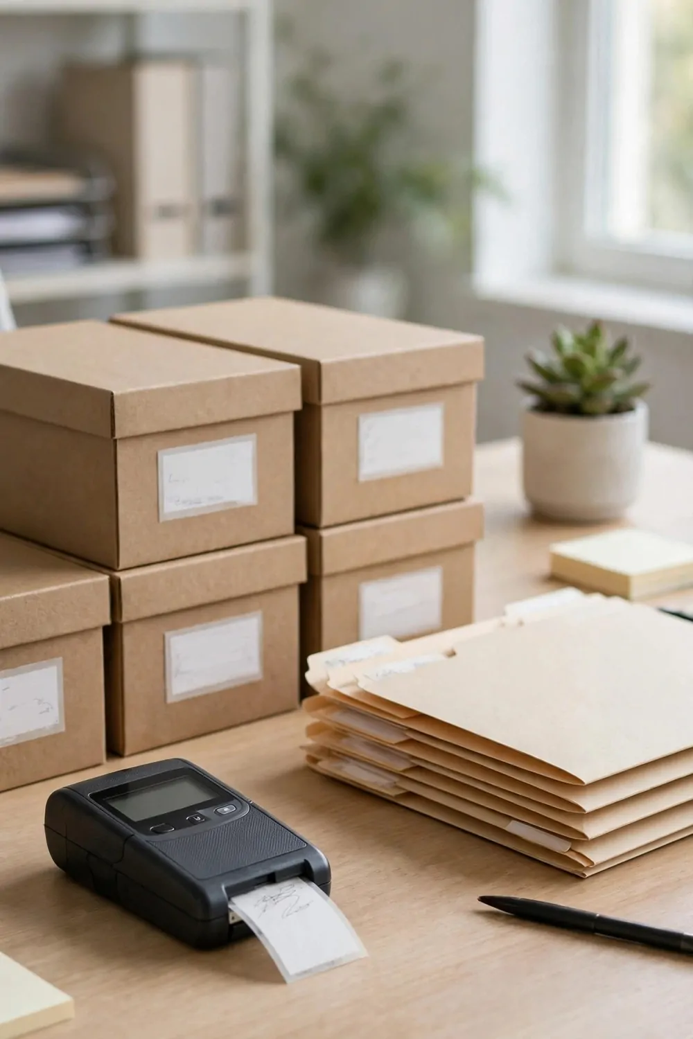 21 Office Set up at Work Hacks for a Cleaner, Smarter Desk 11 A black handheld label maker on a wooden desk beside stacked brown storage boxes with labels bearing faint illegible markings and a stack of manila folders, with a small succulent in the background.