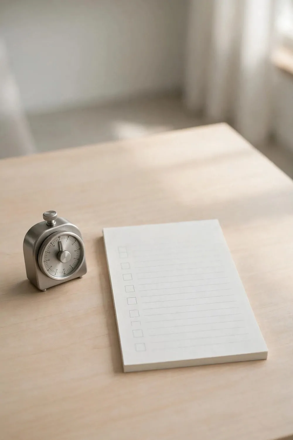 21 Office Set up at Work Hacks for a Cleaner, Smarter Desk 12 A small silver timer beside a blank checklist notepad with empty checkboxes on a clear light wooden desk.