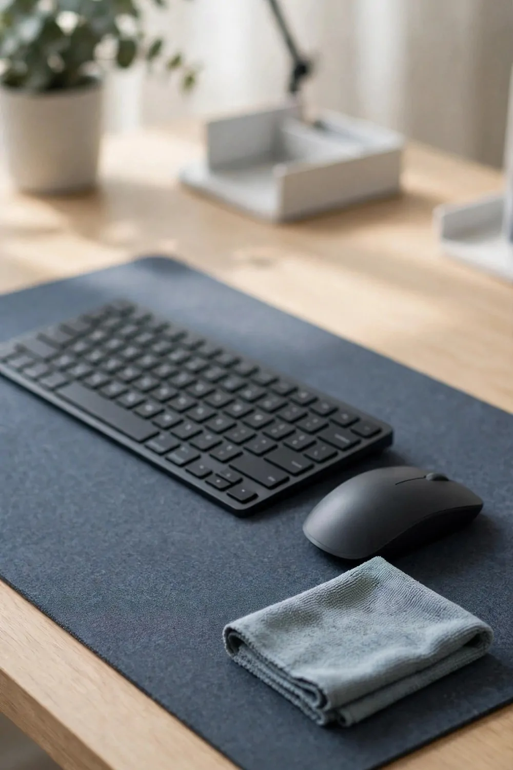 21 Office Set up at Work Hacks for a Cleaner, Smarter Desk 13 A black keyboard and black mouse on a dark blue desk mat with a folded light grey microfiber cloth beside the mouse on a wooden desk.