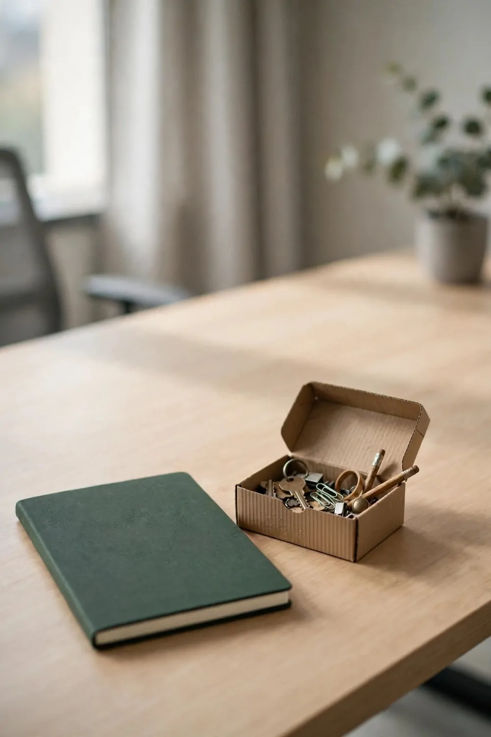 21 Office Set up at Work Hacks for a Cleaner, Smarter Desk 14 A closed dark green notebook on a clear wooden desk beside a small open cardboard box holding old keys, paper clips, and pencils.