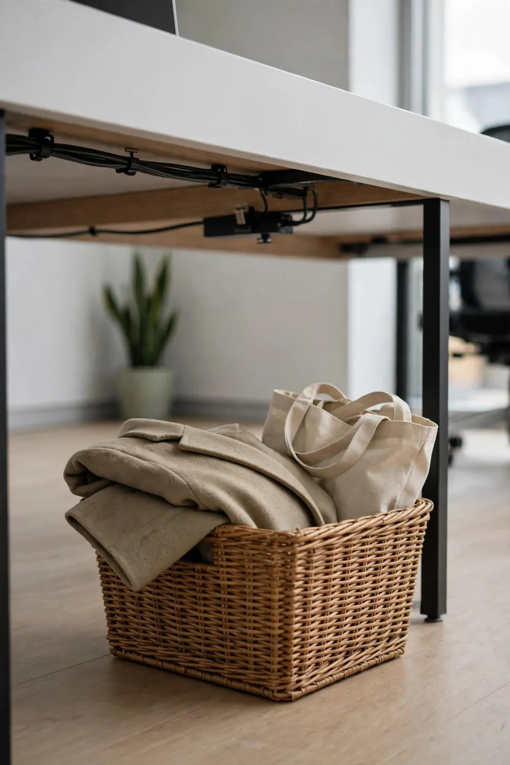 21 Office Set up at Work Hacks for a Cleaner, Smarter Desk 15 A woven wicker basket under a white office desk holding a folded beige coat and a beige tote bag, on a light wood floor with a potted plant blurred in the background.