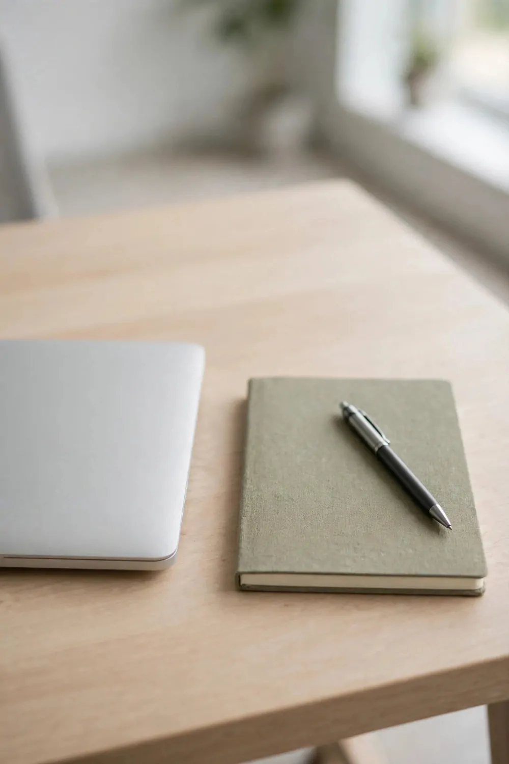 21 Office Set up at Work Hacks for a Cleaner, Smarter Desk 16 A partially visible closed silver laptop beside a closed green notebook with a black and silver pen resting on it, on a clear light wood office desk near a window.